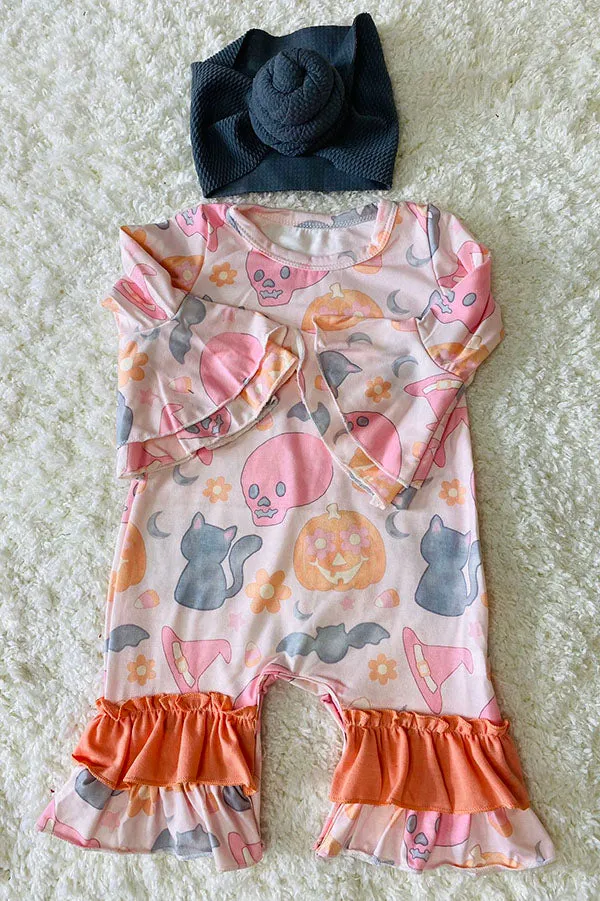 DLH2564 Halloween prints ruffle long sleeve infant baby girls rompers wholesale