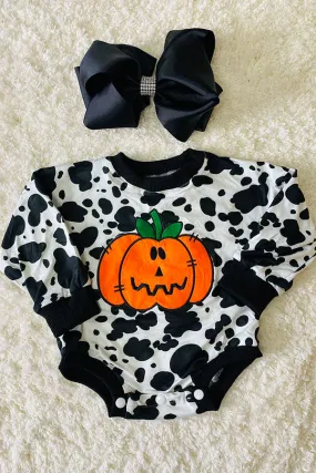 DLH2579 Pumpkin patch embroidery cow prints Halloween girls rompers wholesale