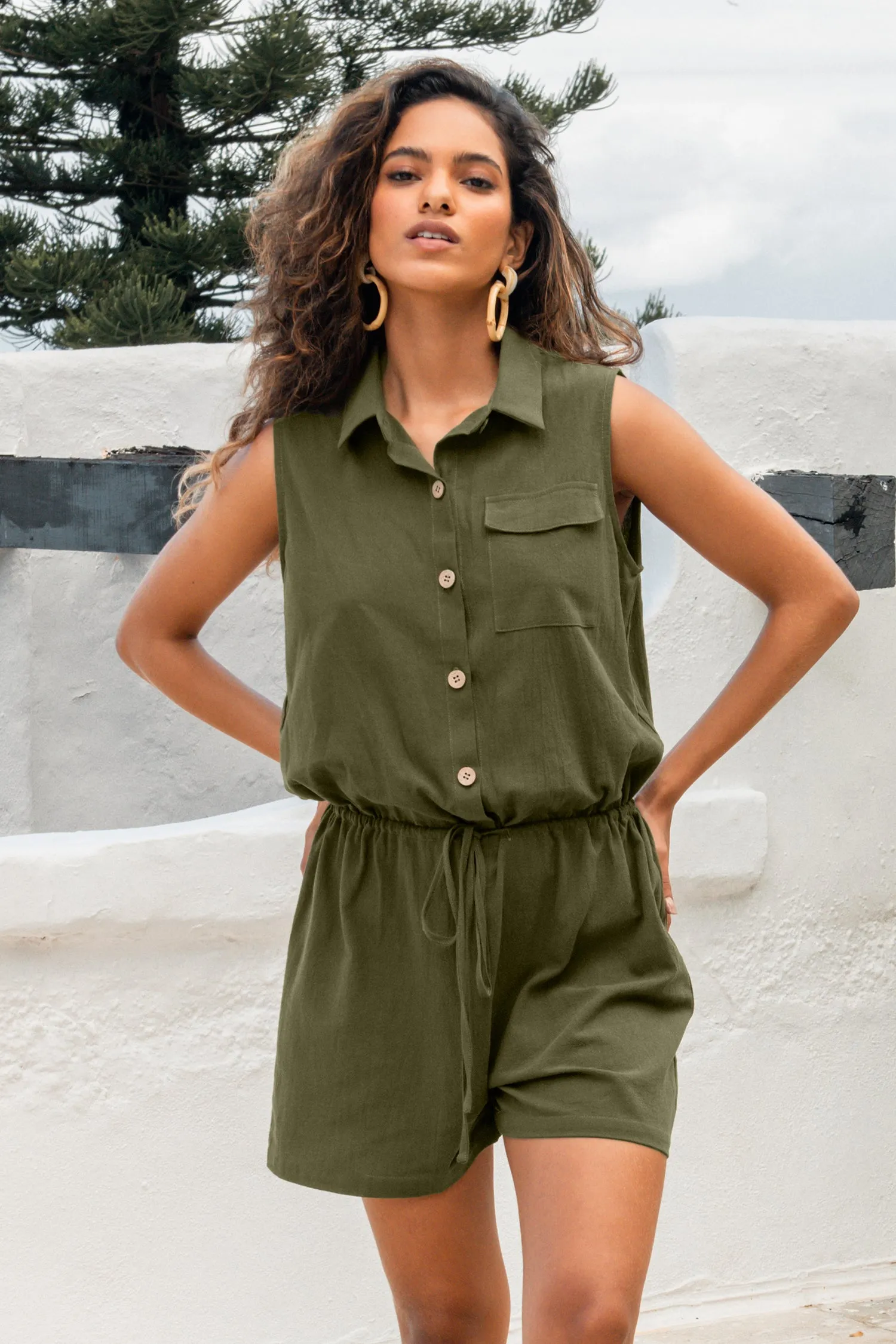 Drawstring Button-Front Romper