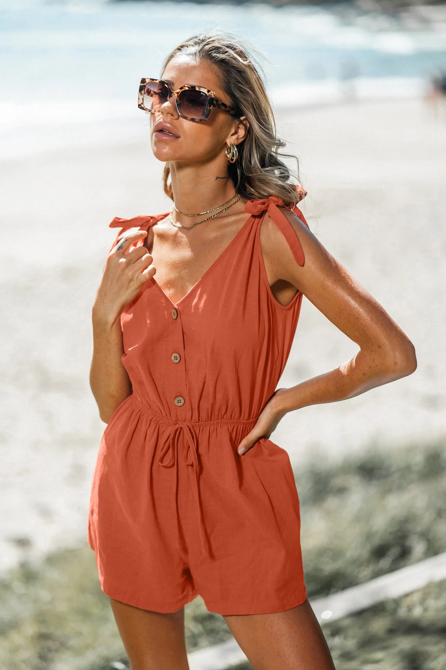 Drawstring Tie Strap Romper