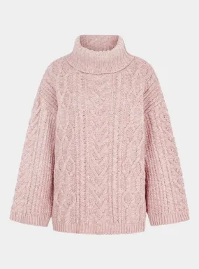 Emily Cable Roll Neck Tunic Jumper - Dusky Pink