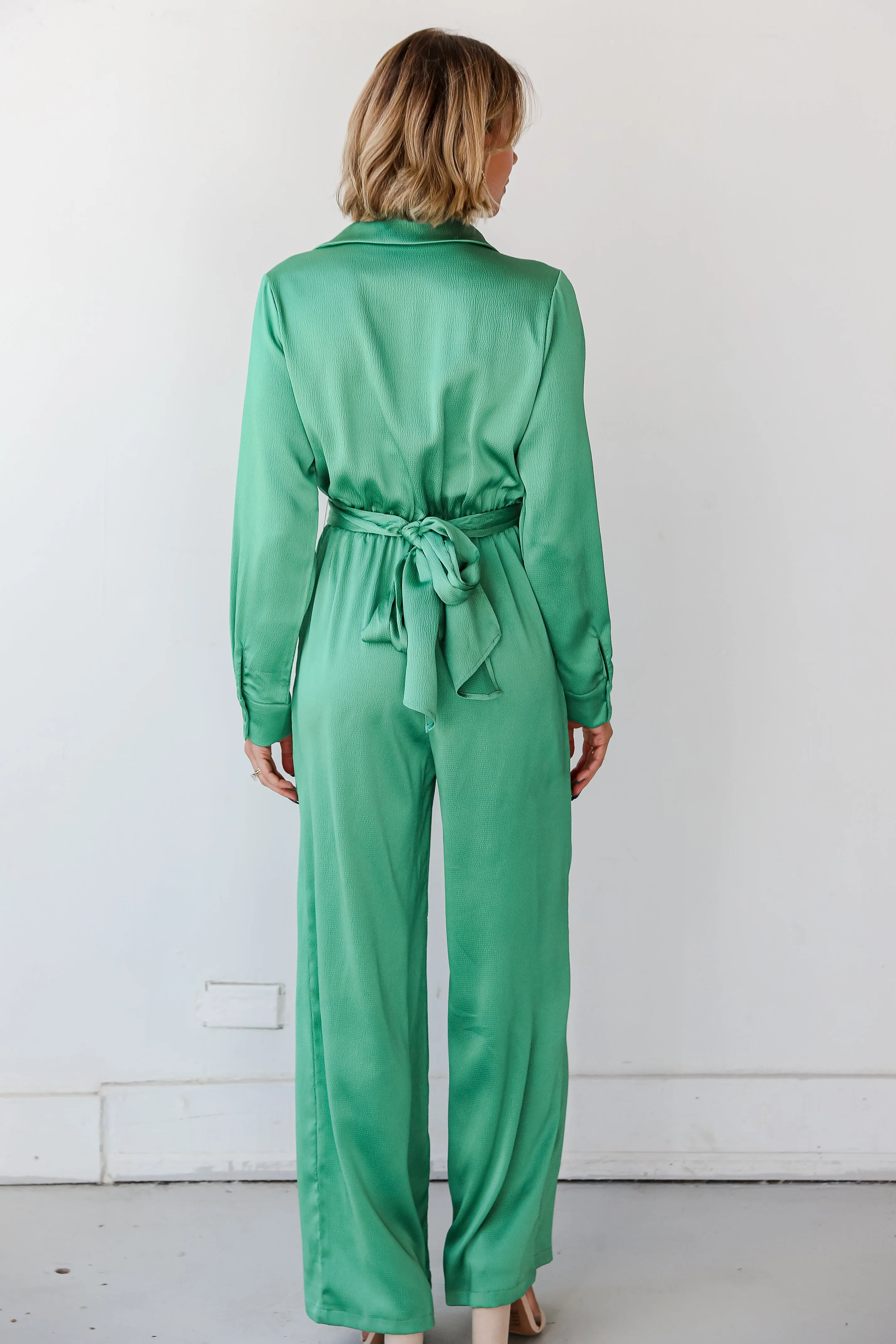 FINAL SALE - Irresistibly Chic Green Satin Jumpsuit