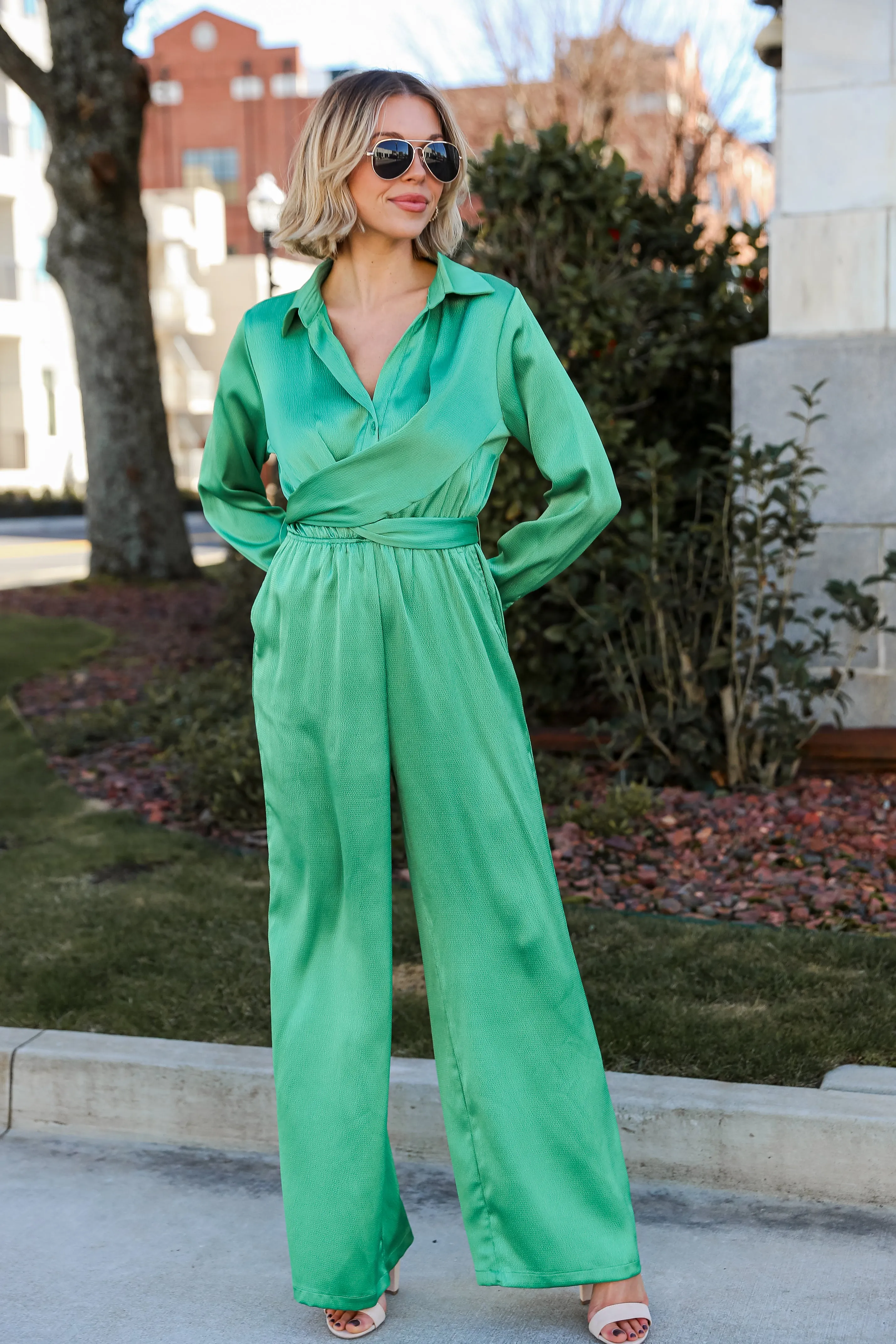 FINAL SALE - Irresistibly Chic Green Satin Jumpsuit