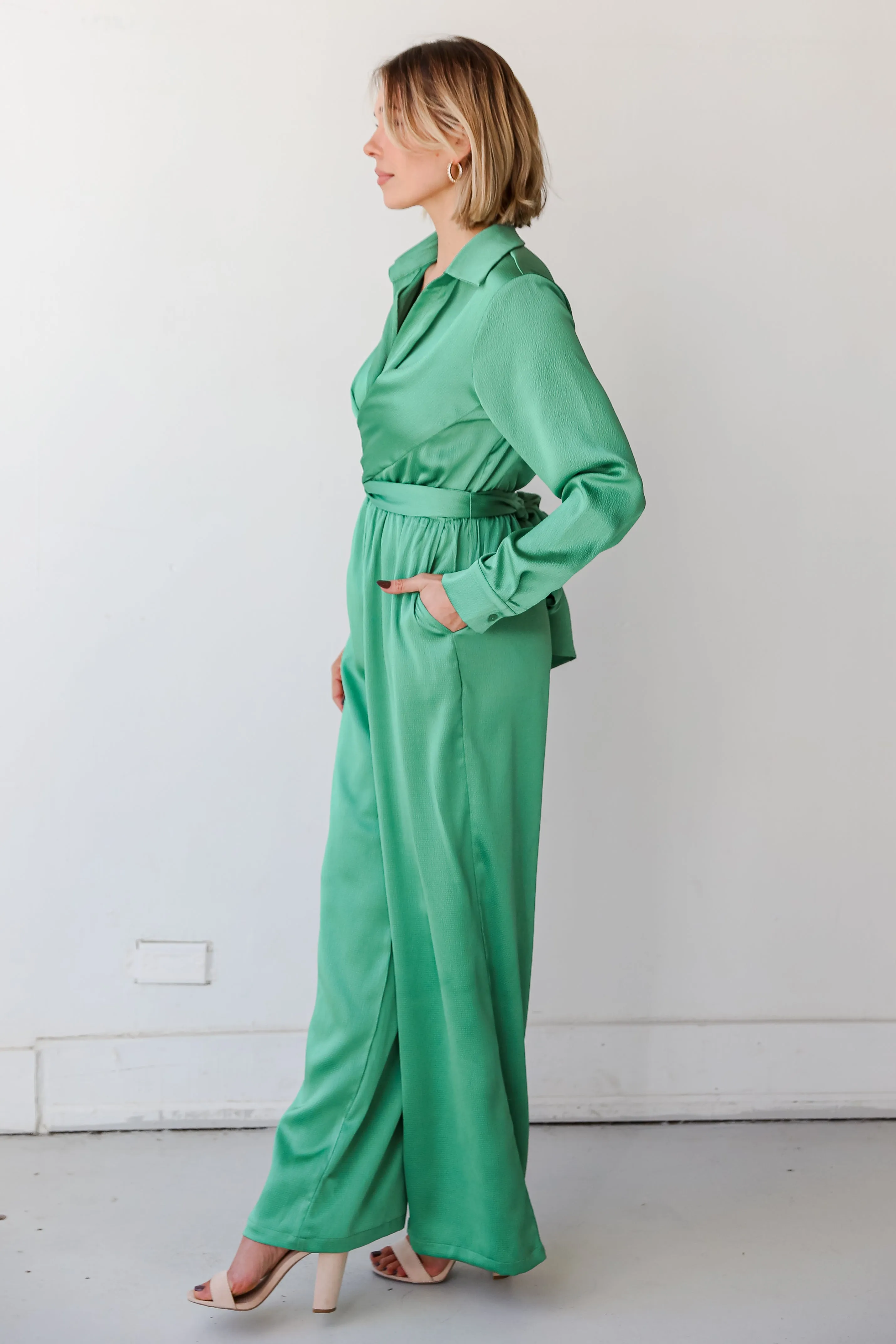 FINAL SALE - Irresistibly Chic Green Satin Jumpsuit