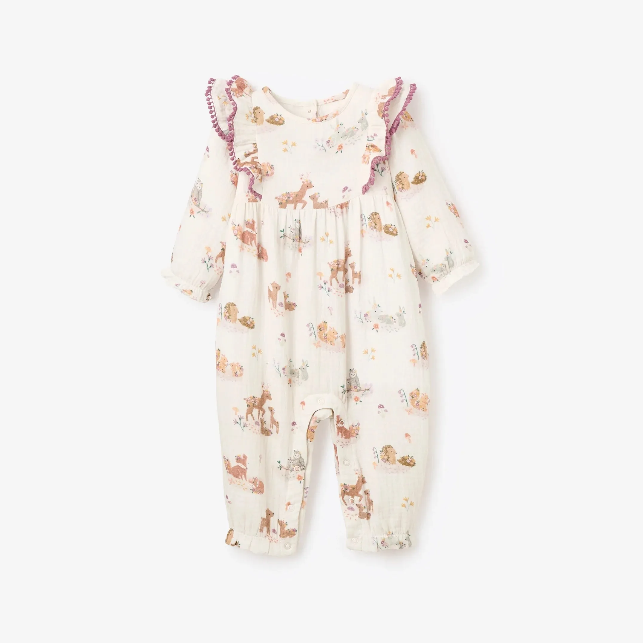 FOREST FAMILY ORGANIC MUSLIN RUFFLE JUMPSUIT