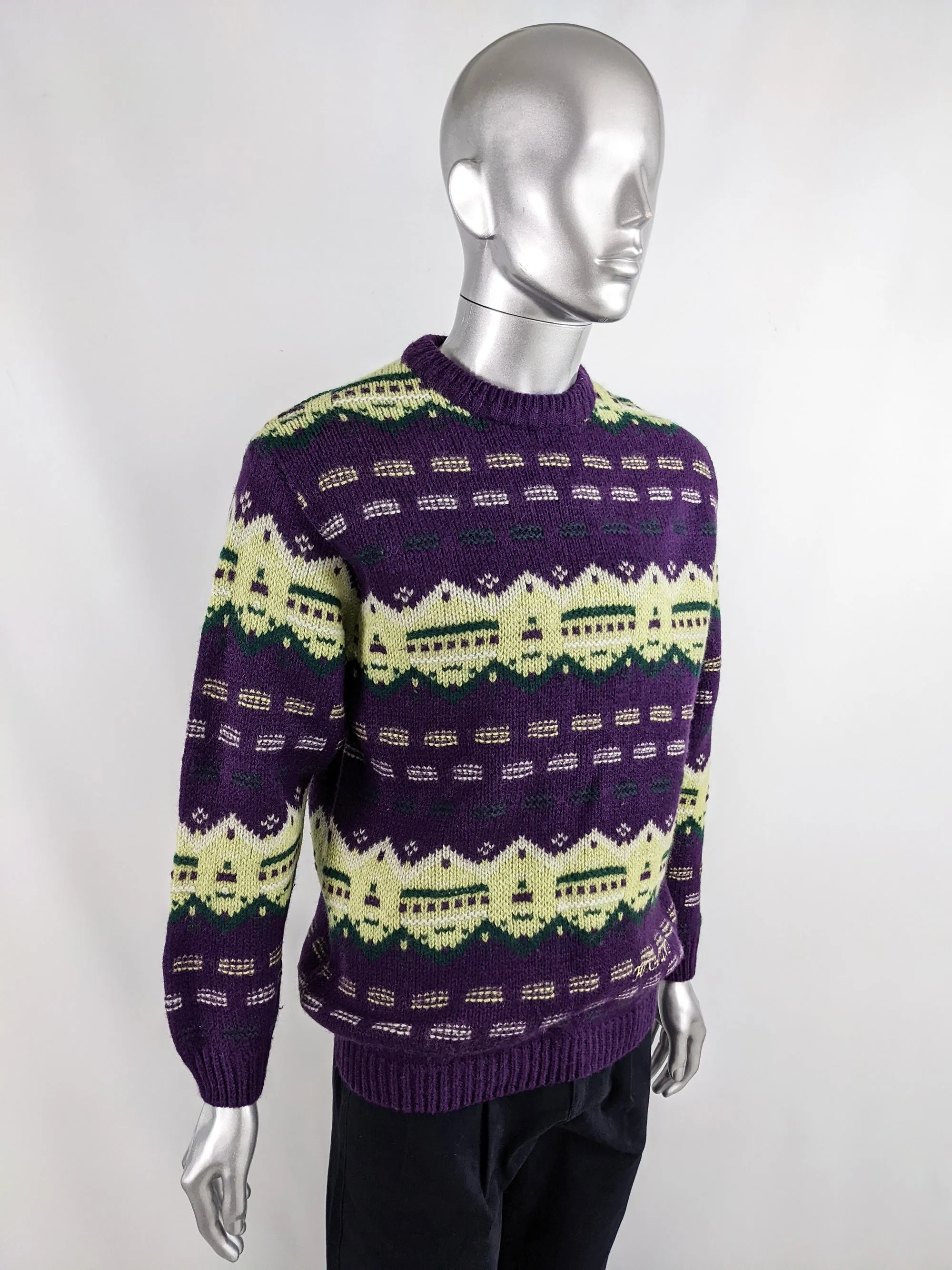 Foxhound Vintage Mens Purple Fairisle Knit Jumper, 1980s