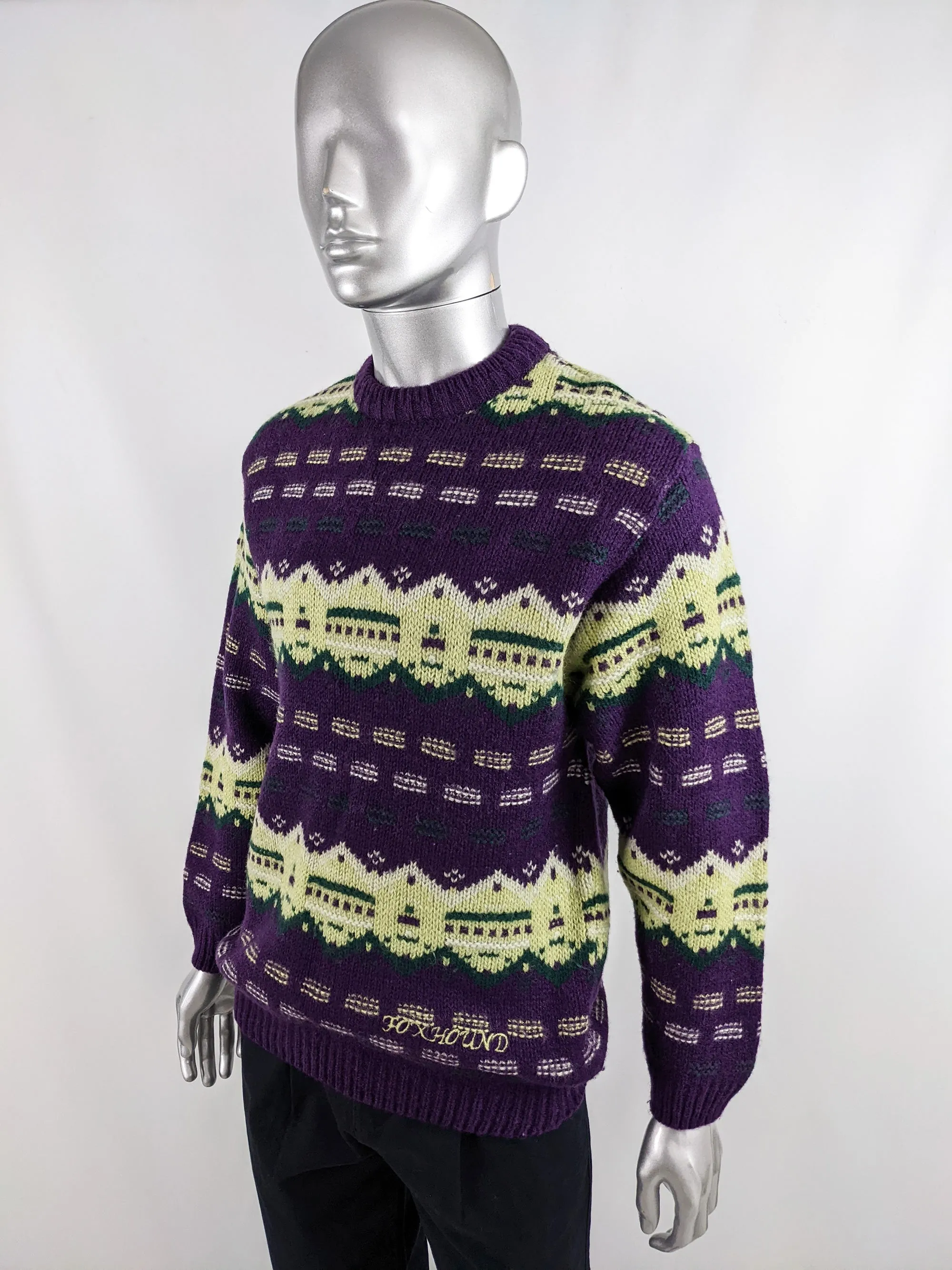 Foxhound Vintage Mens Purple Fairisle Knit Jumper, 1980s