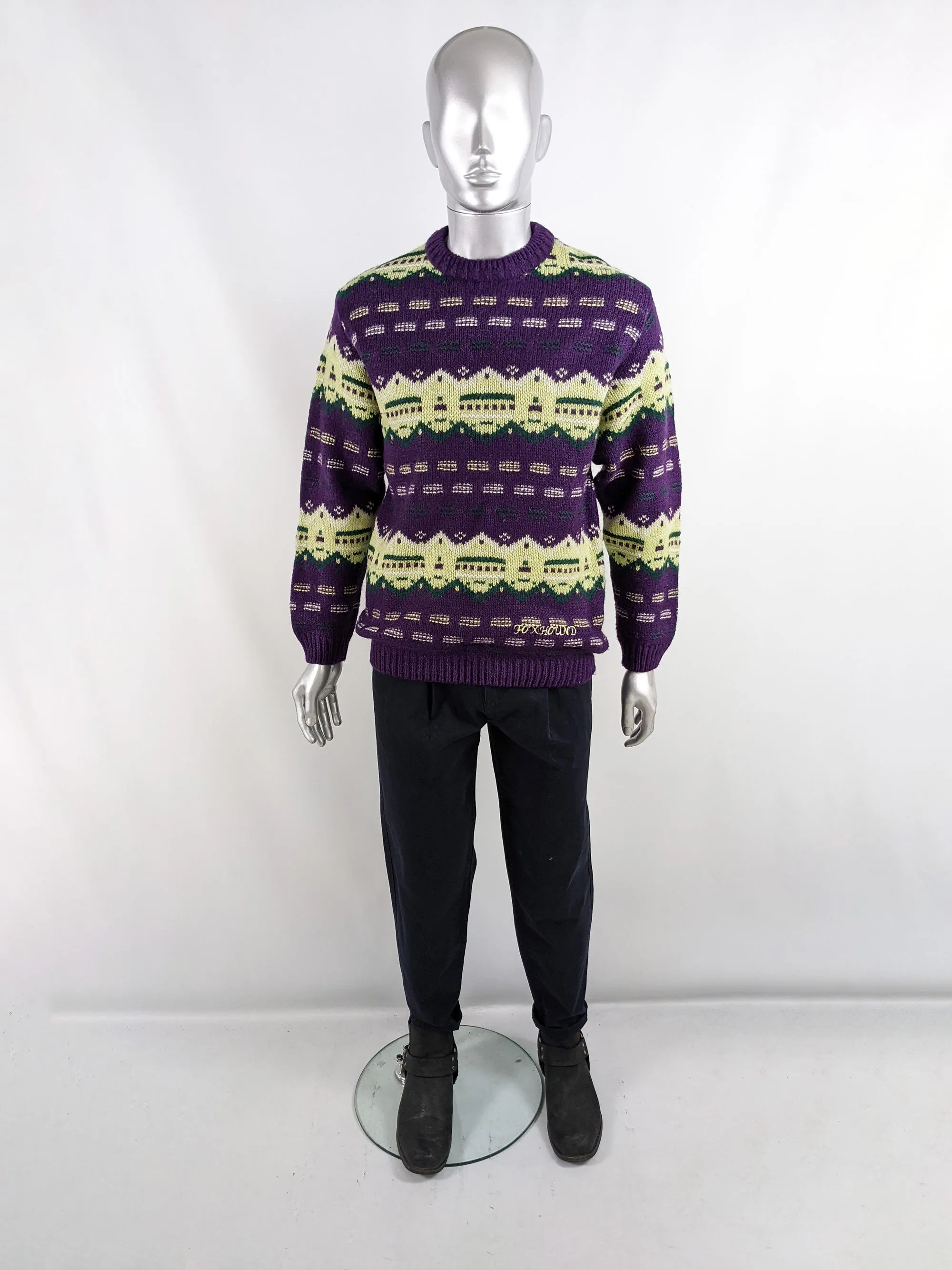 Foxhound Vintage Mens Purple Fairisle Knit Jumper, 1980s