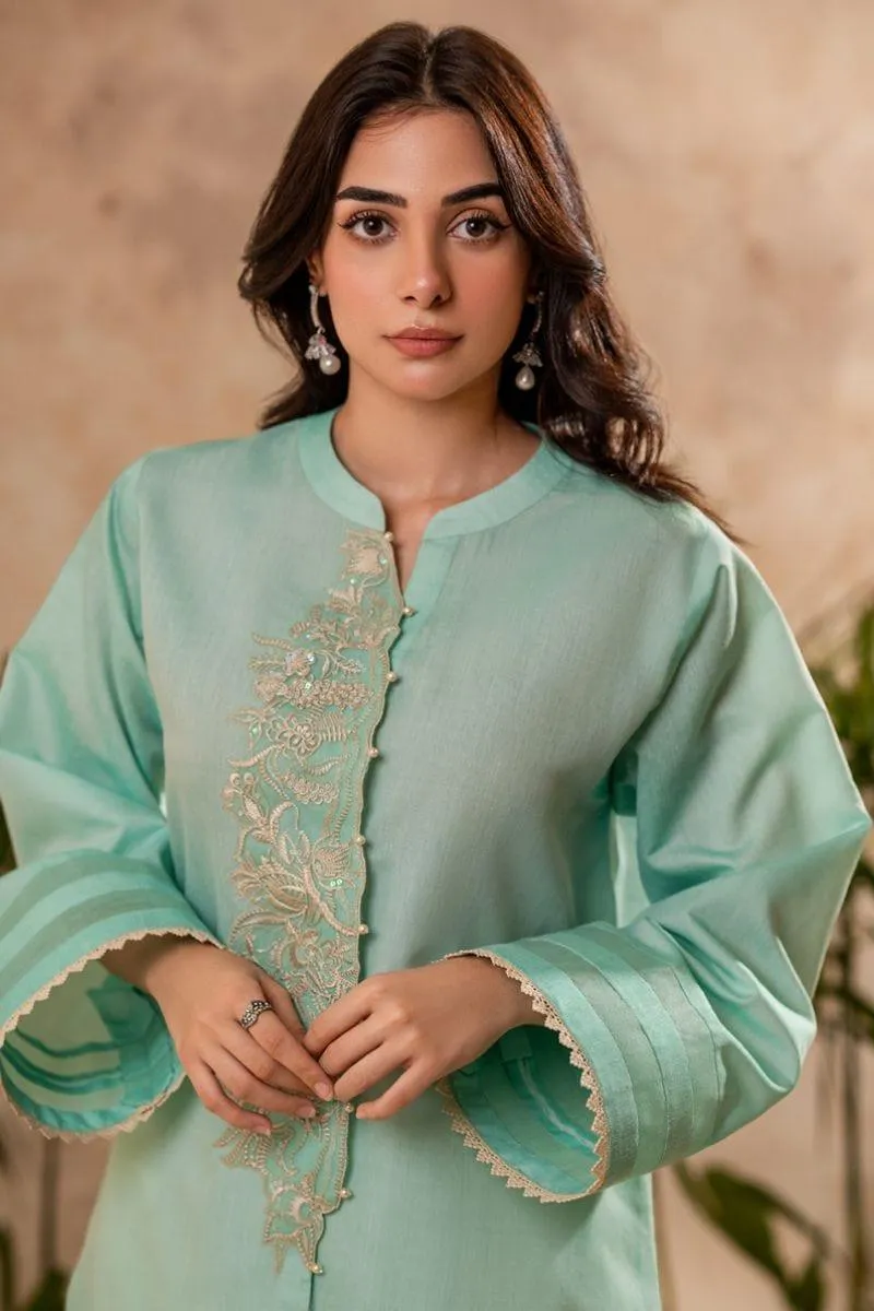 Fozia Khalid - Aqua Mint Tunic with Trouser - Cotton - 2 Piece