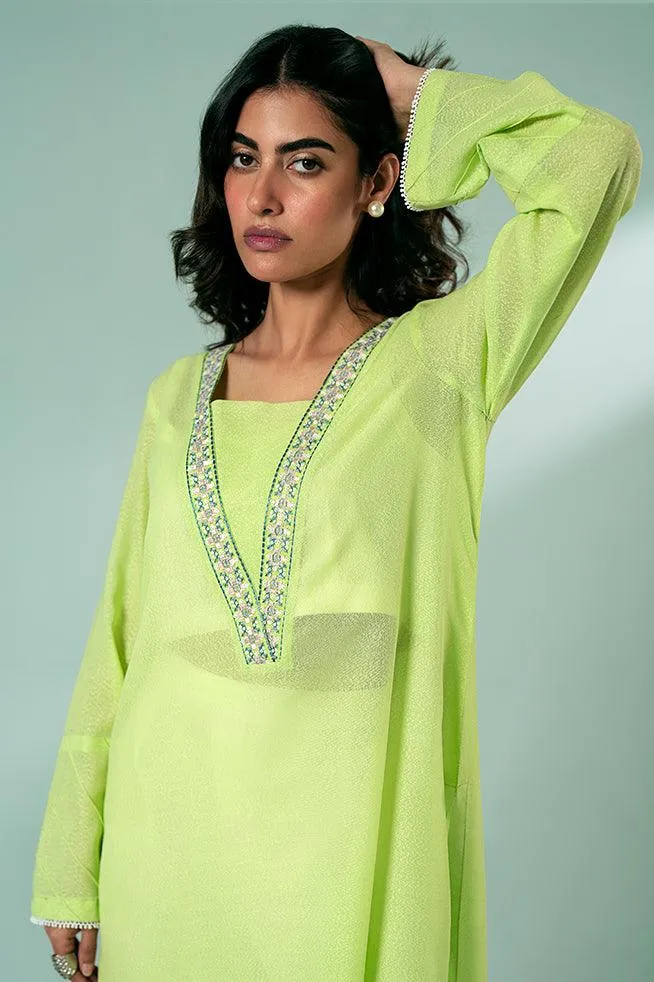 FOZIA KHALID  - Lime Green Embroidered Tunic - Lime Green - Karandi - 1 Piece