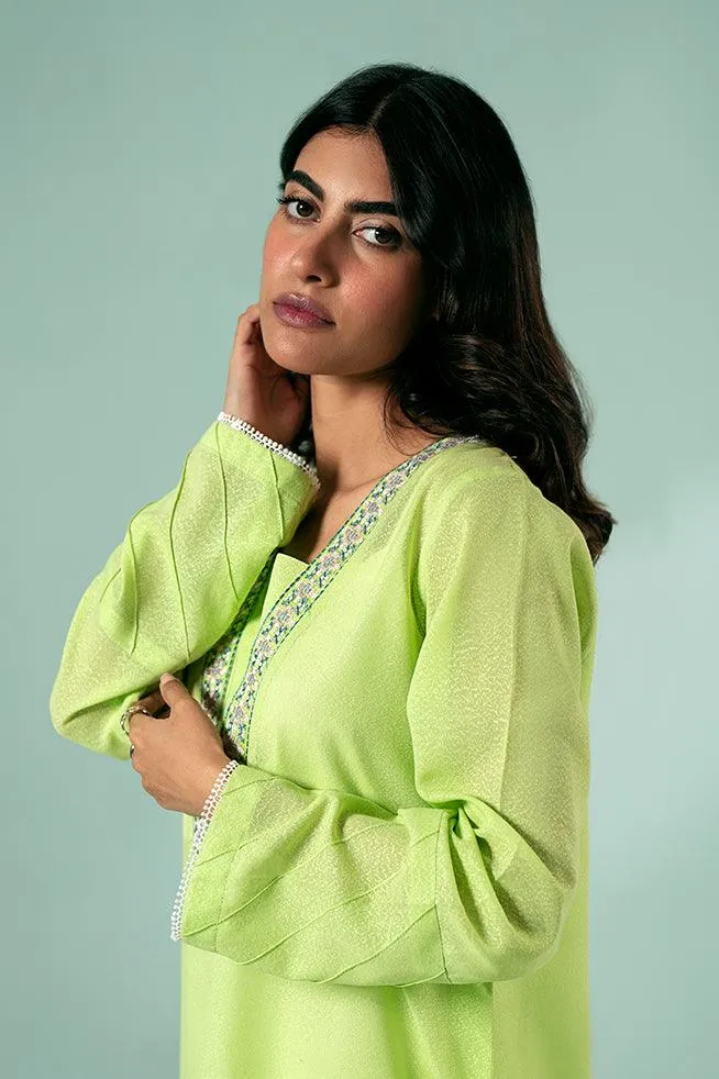 FOZIA KHALID  - Lime Green Embroidered Tunic - Lime Green - Karandi - 1 Piece