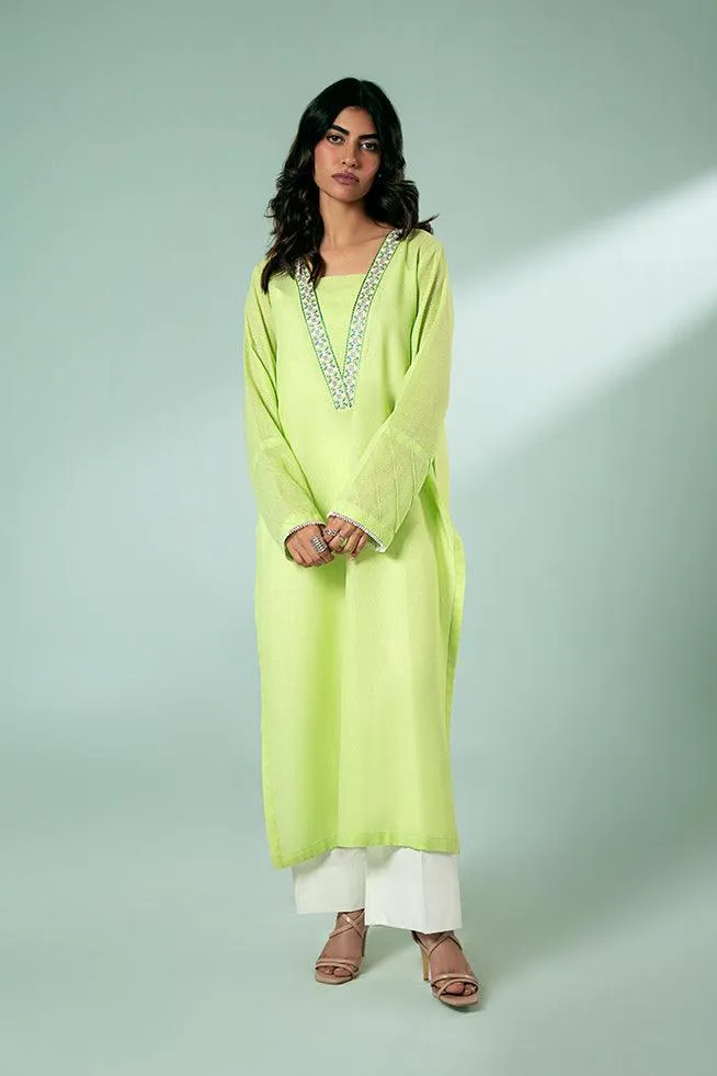 FOZIA KHALID  - Lime Green Embroidered Tunic - Lime Green - Karandi - 1 Piece