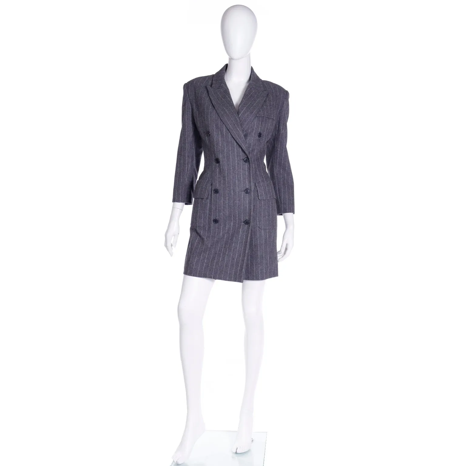 F/W 1991 Isaac Mizrahi Vintage Runway Grey Pinstripe Coat Dress