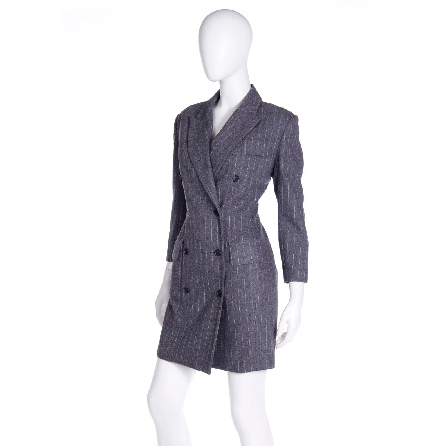 F/W 1991 Isaac Mizrahi Vintage Runway Grey Pinstripe Coat Dress