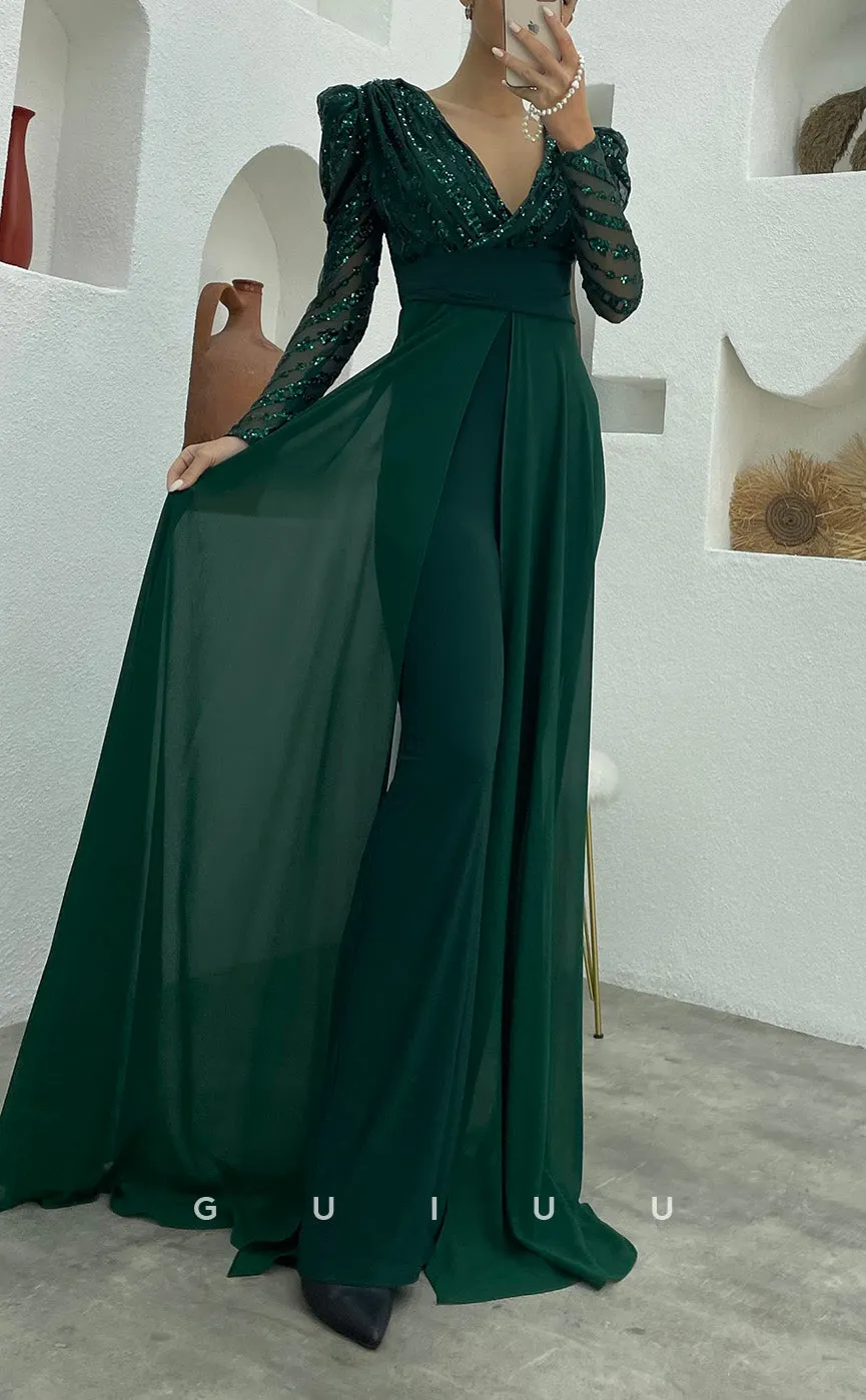 G3499 - Chic & Modern Sheath V-neck Long Sleeves Jumsuit With Overlay Prom Dress