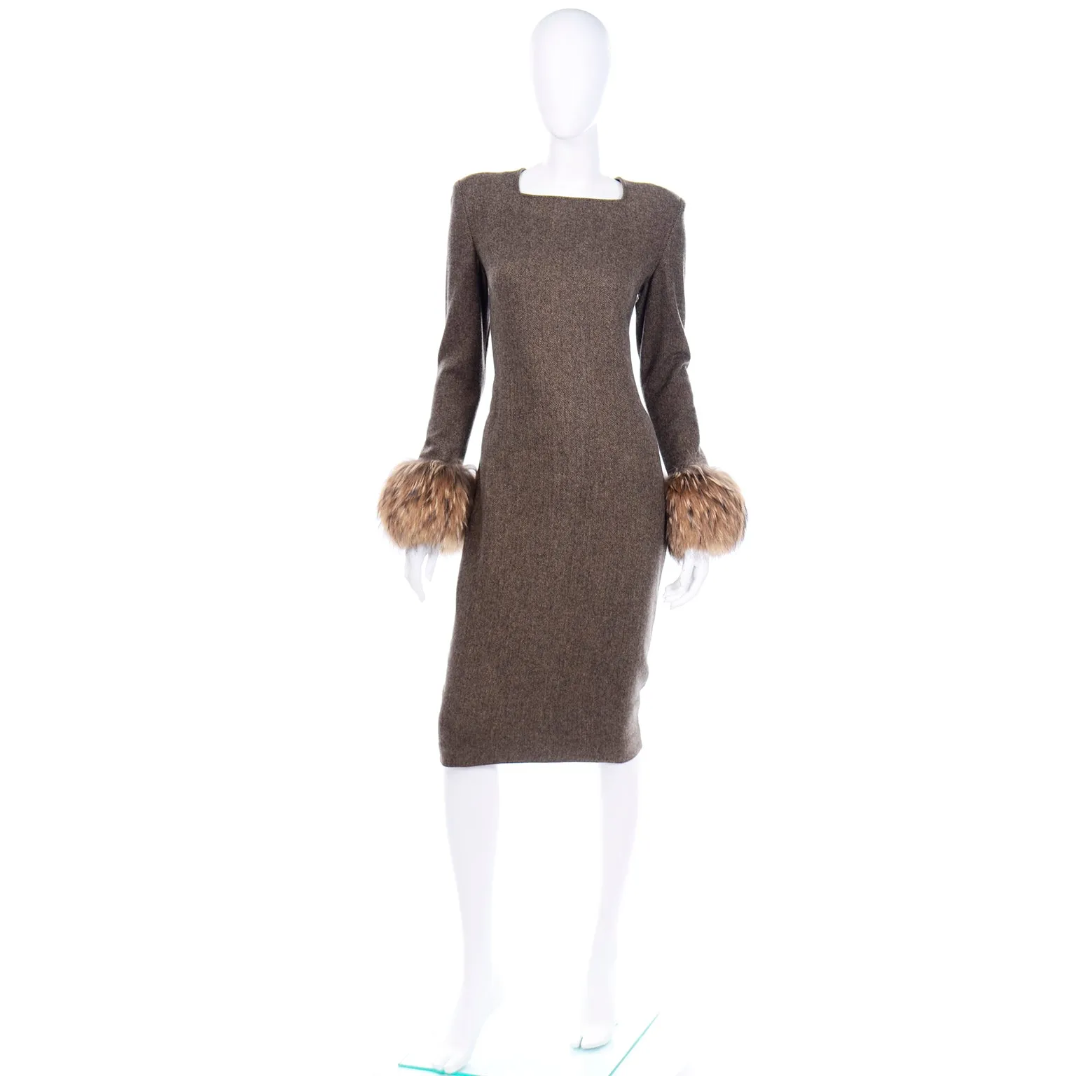 Gai Mattiolo Deadstock Fur Trimmed Wool Vintage Dress and Wrap