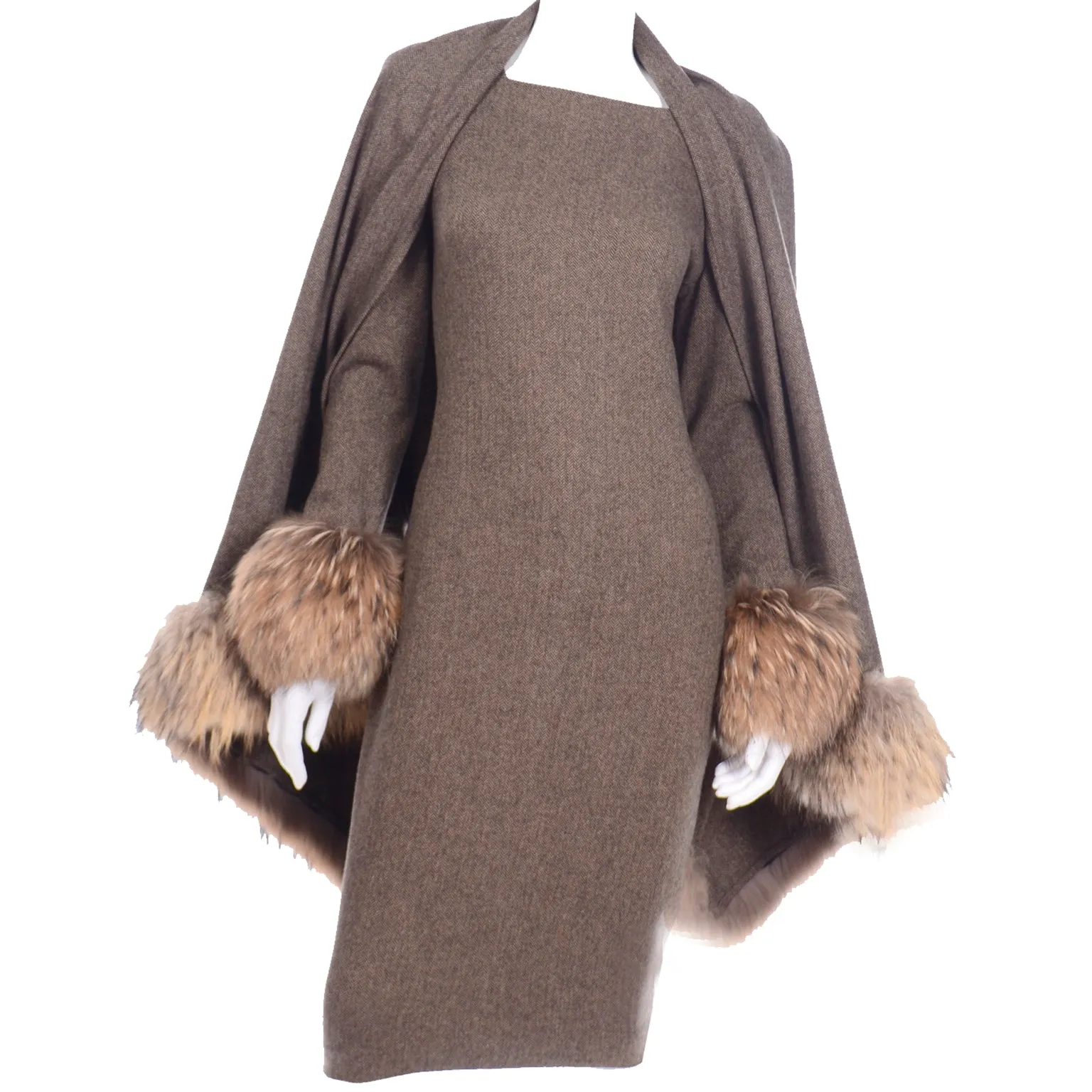 Gai Mattiolo Deadstock Fur Trimmed Wool Vintage Dress and Wrap