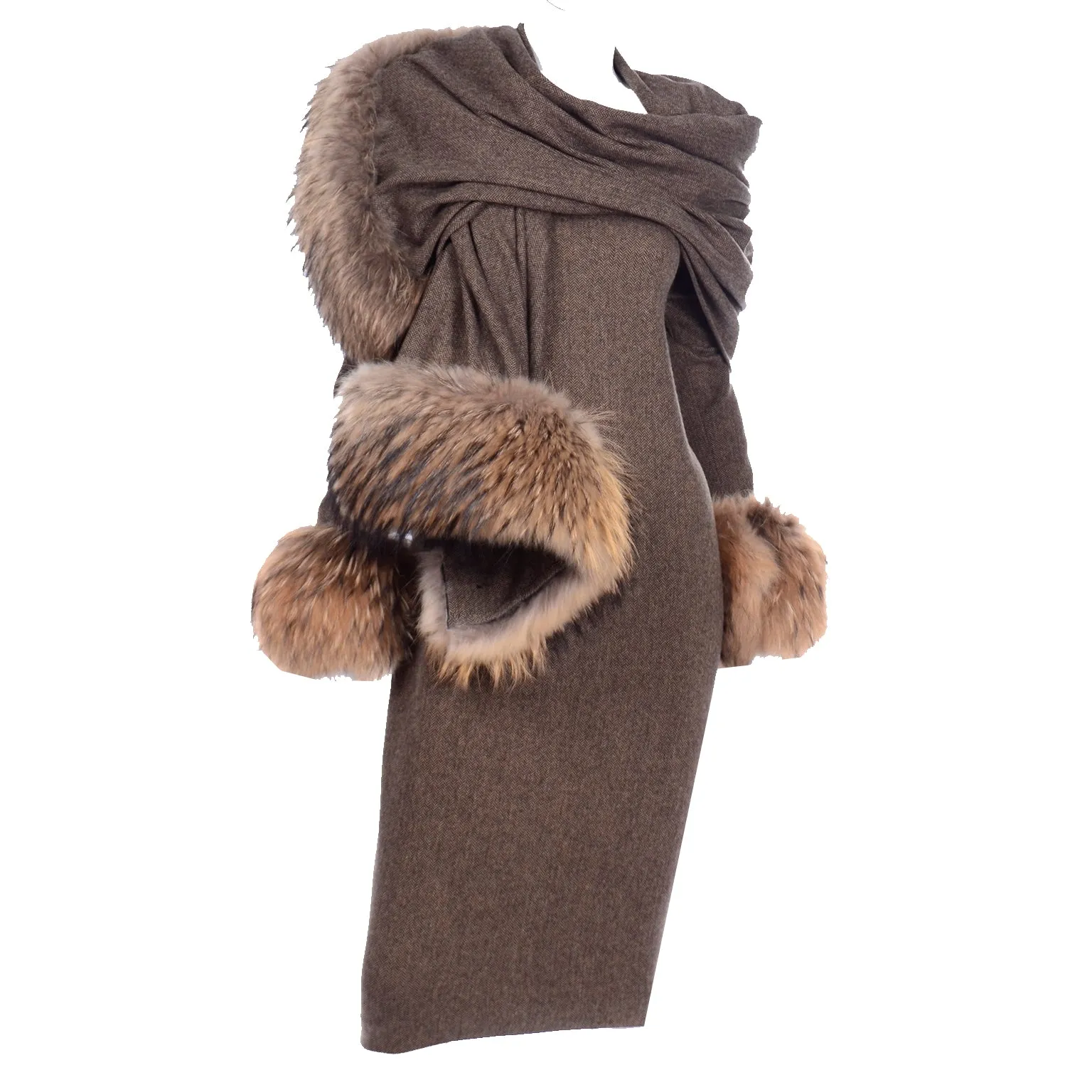 Gai Mattiolo Deadstock Fur Trimmed Wool Vintage Dress and Wrap