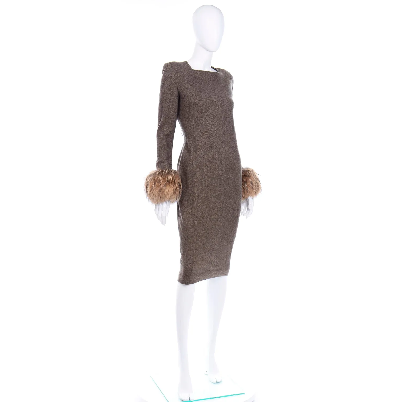 Gai Mattiolo Deadstock Fur Trimmed Wool Vintage Dress and Wrap