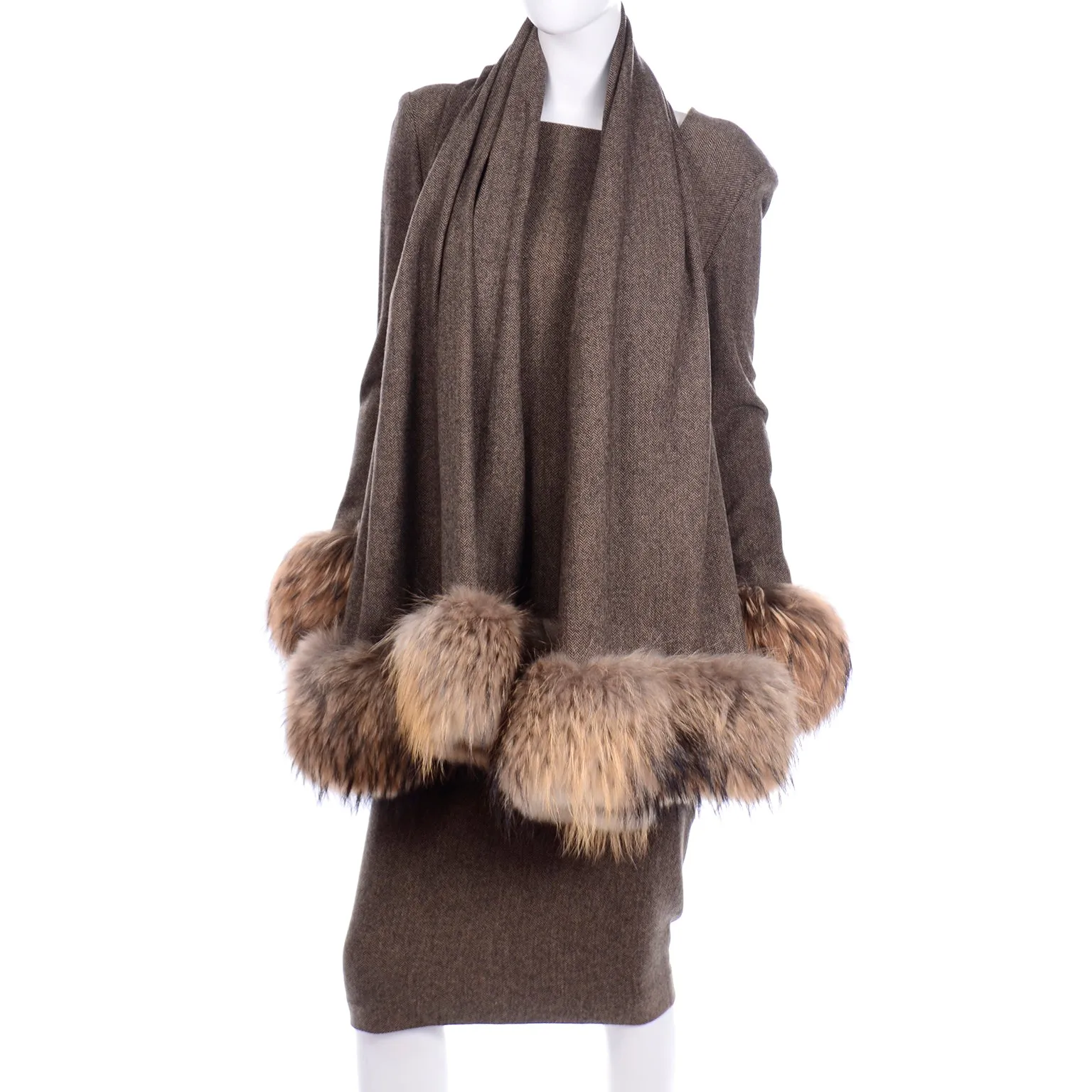 Gai Mattiolo Deadstock Fur Trimmed Wool Vintage Dress and Wrap