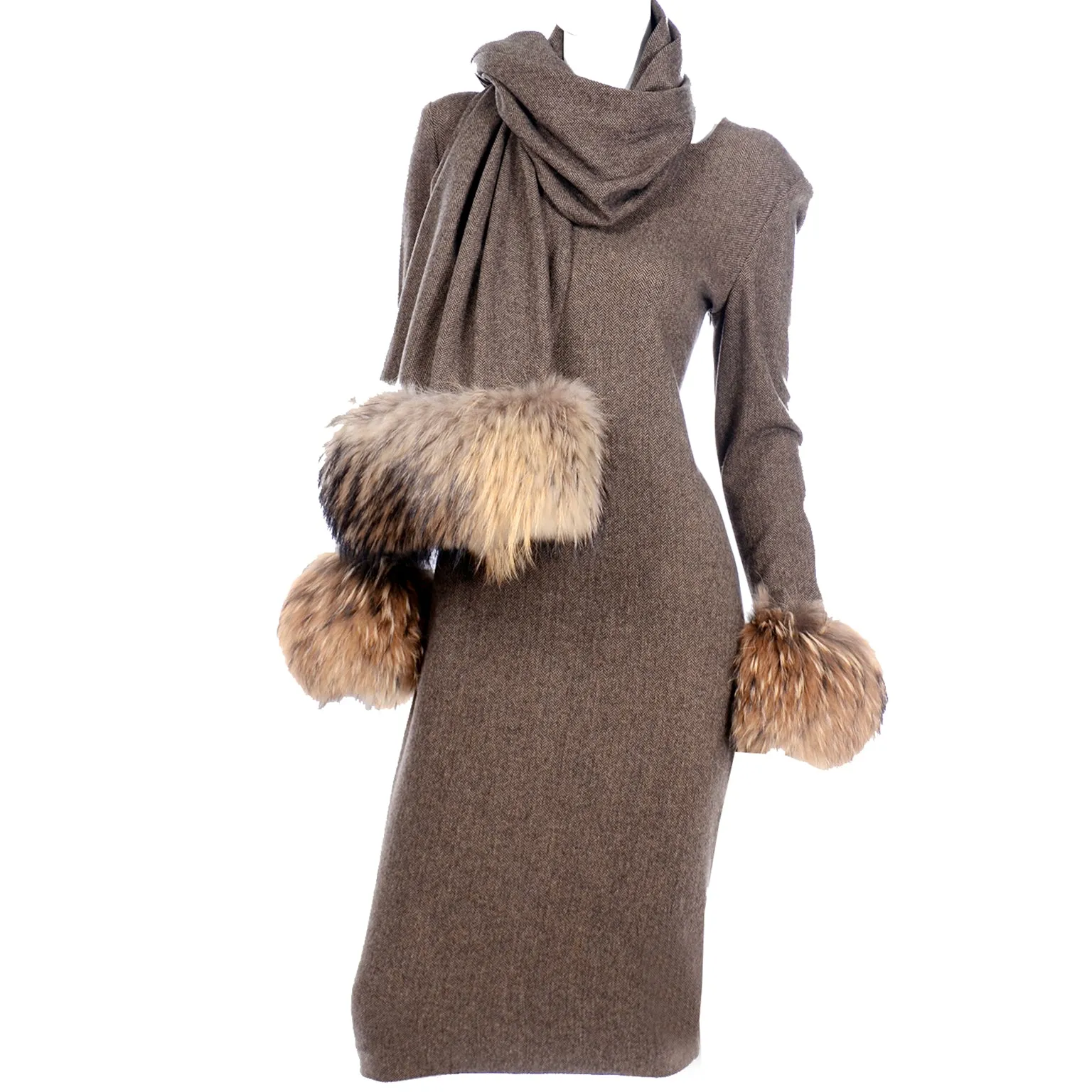 Gai Mattiolo Deadstock Fur Trimmed Wool Vintage Dress and Wrap