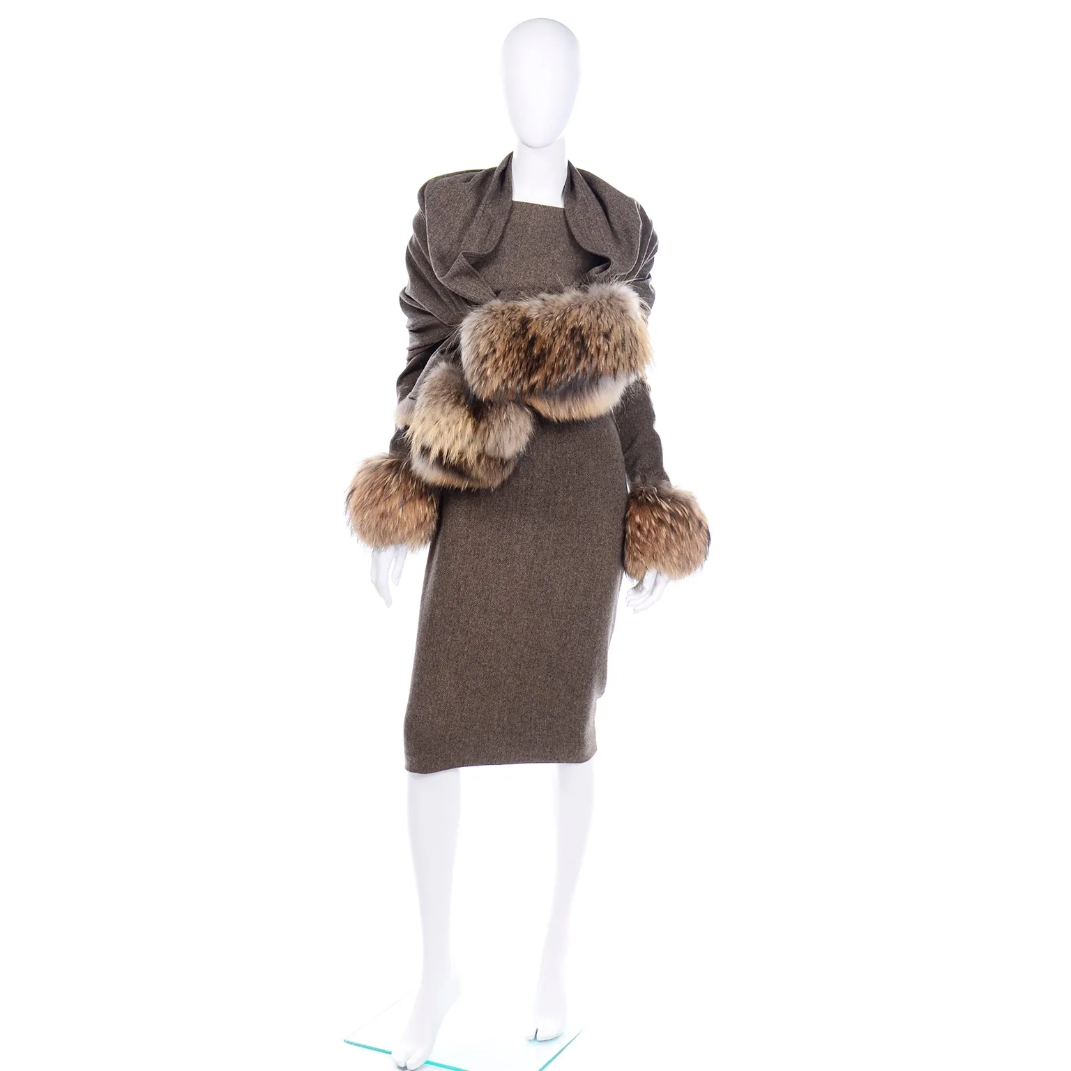 Gai Mattiolo Deadstock Fur Trimmed Wool Vintage Dress and Wrap