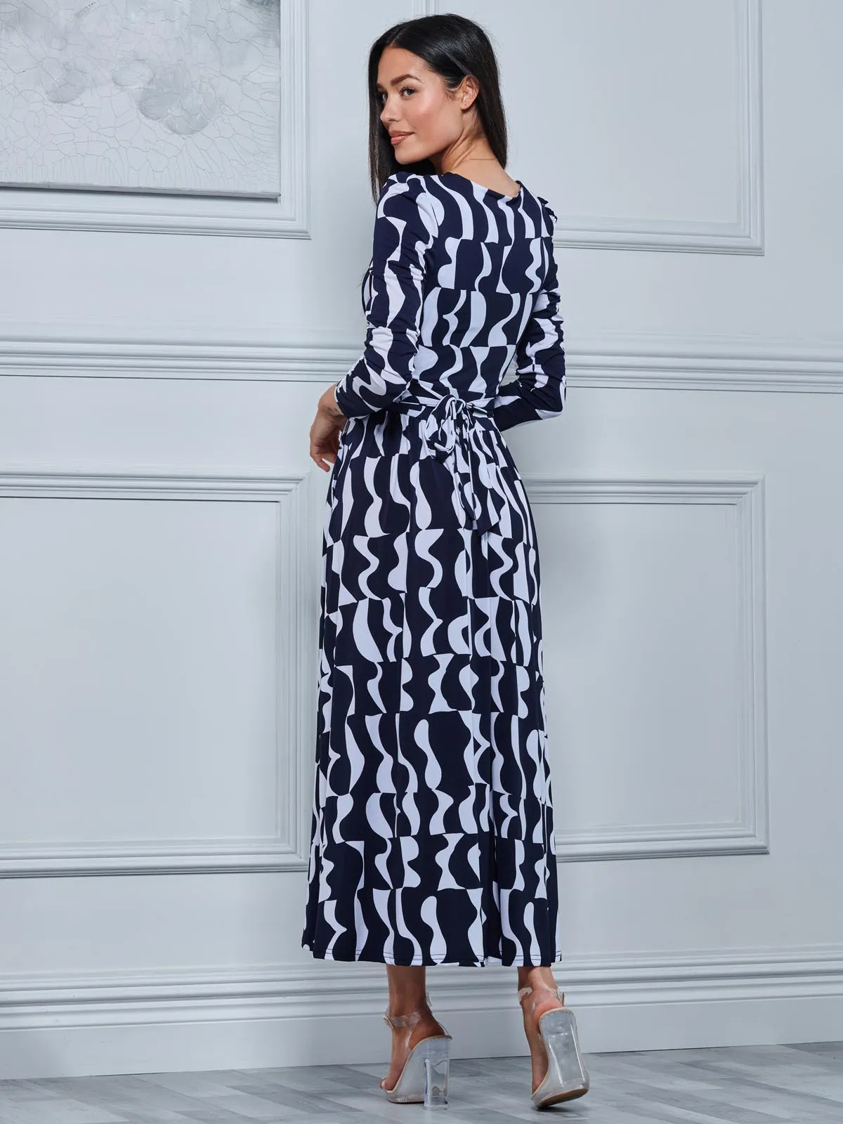 Geometric Print Long Sleeve Maxi Dress, Navy Geo