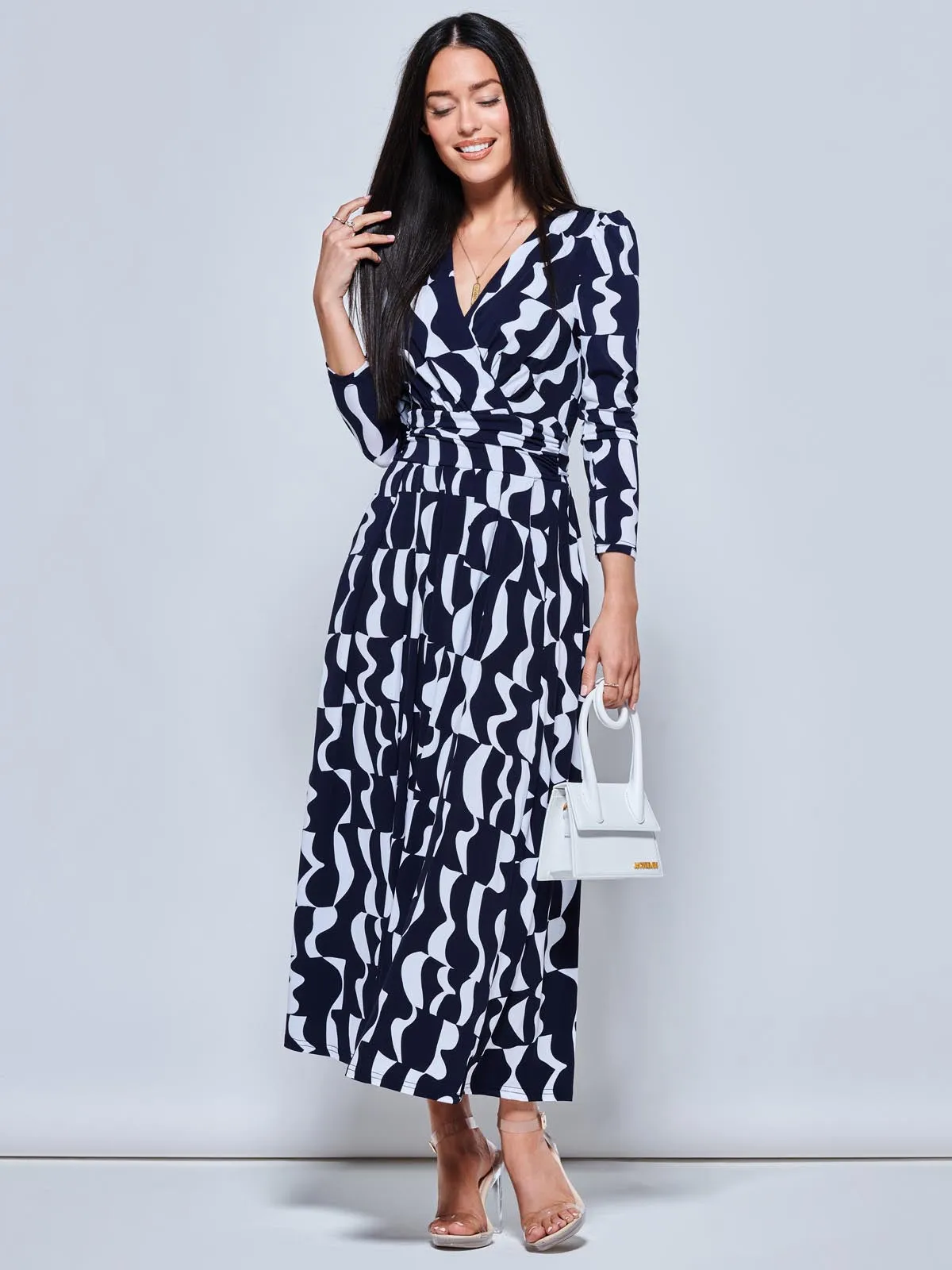 Geometric Print Long Sleeve Maxi Dress, Navy Geo