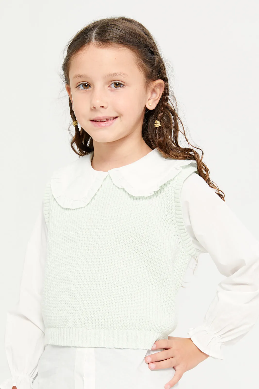 Girls White Pullover With Woven Mock Shirt