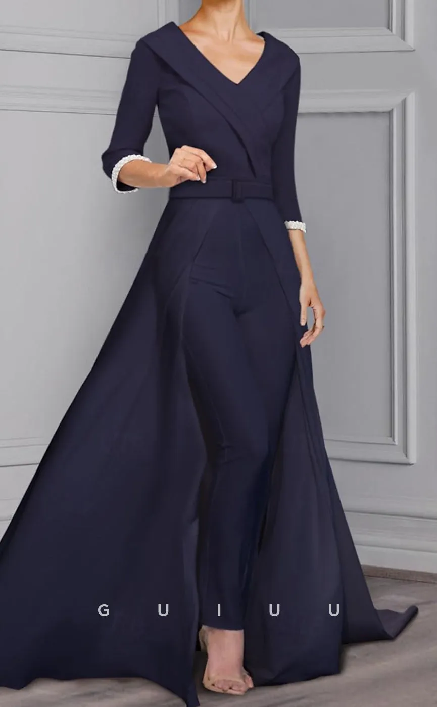 GM083 - Jumpsuit V Neck 34 Length Sleeves Floor Length Pearls Satin Mother of the Bride Dress