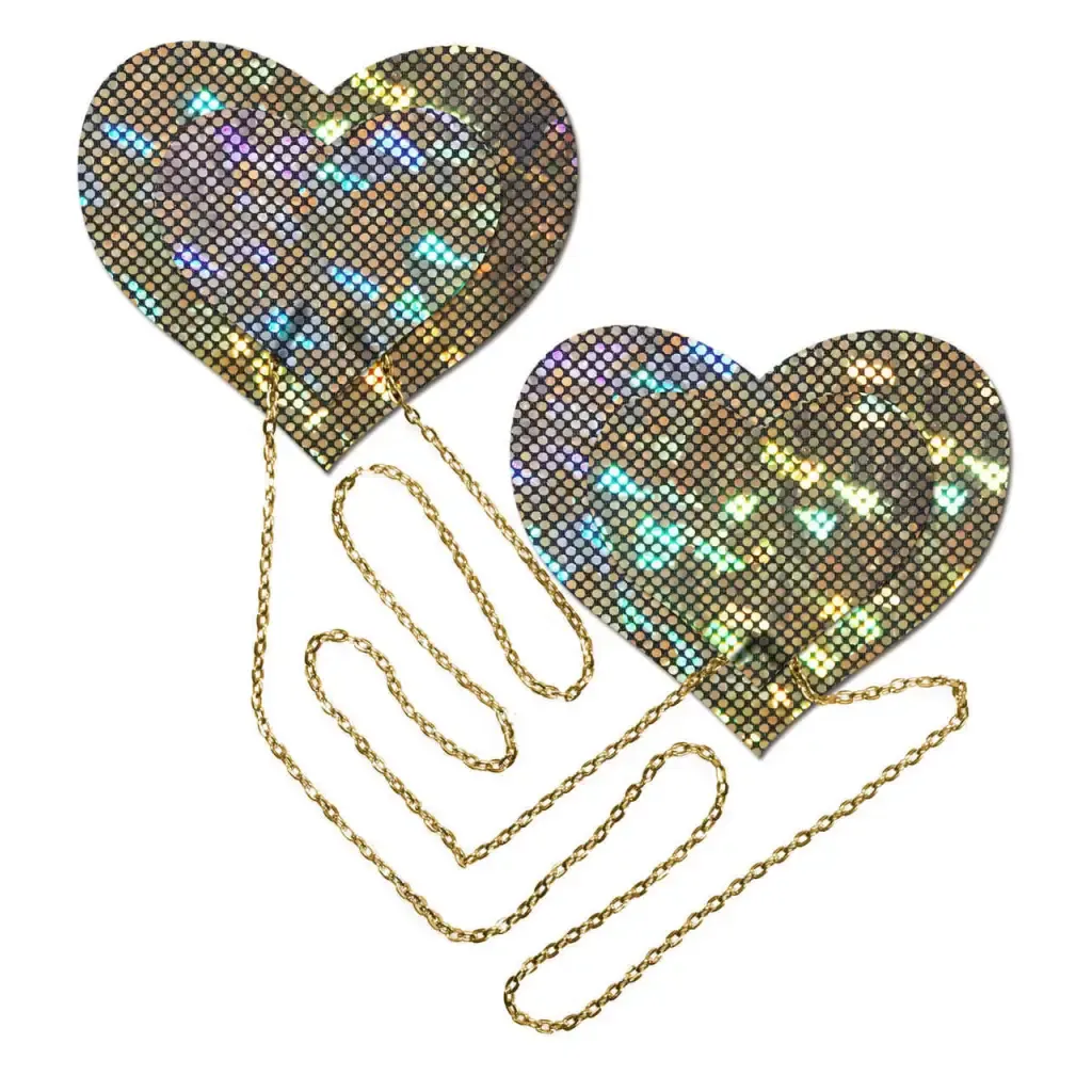 Gold Shattered Disco Ball Heart W/ Gold Chains Pasties