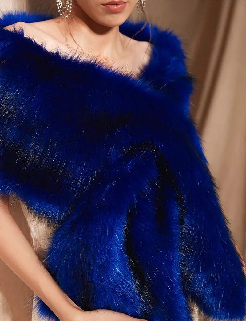 Great Gatsby 1920's Bridal Wedding Faux Fur Shawl Wrap - Royal Blue