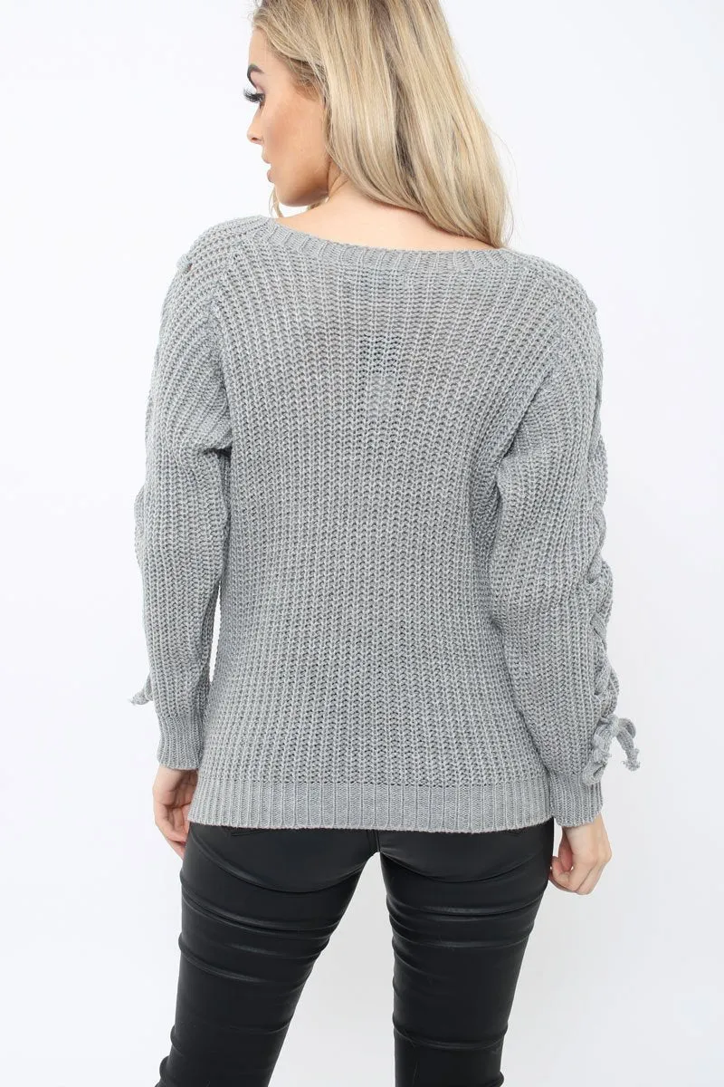 Grey Chunky Knit Lace Up Sleeve Jumper - Sarah