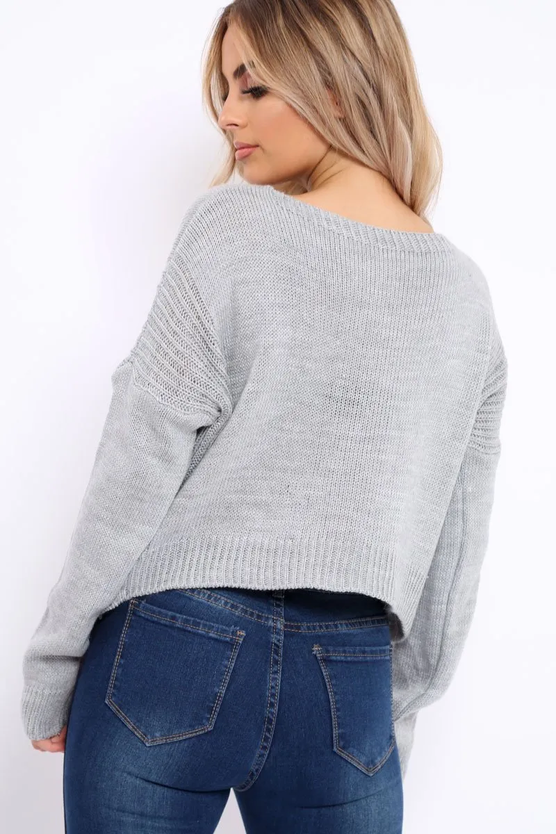 Grey Cropped Curved Hem Jumper - Fearne