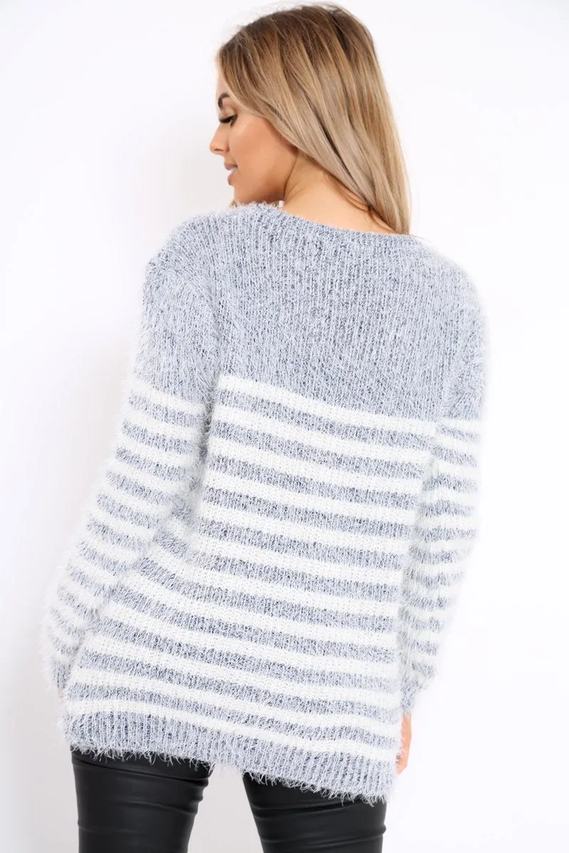 Grey Fur Knit Stripe Jumper - Sicily