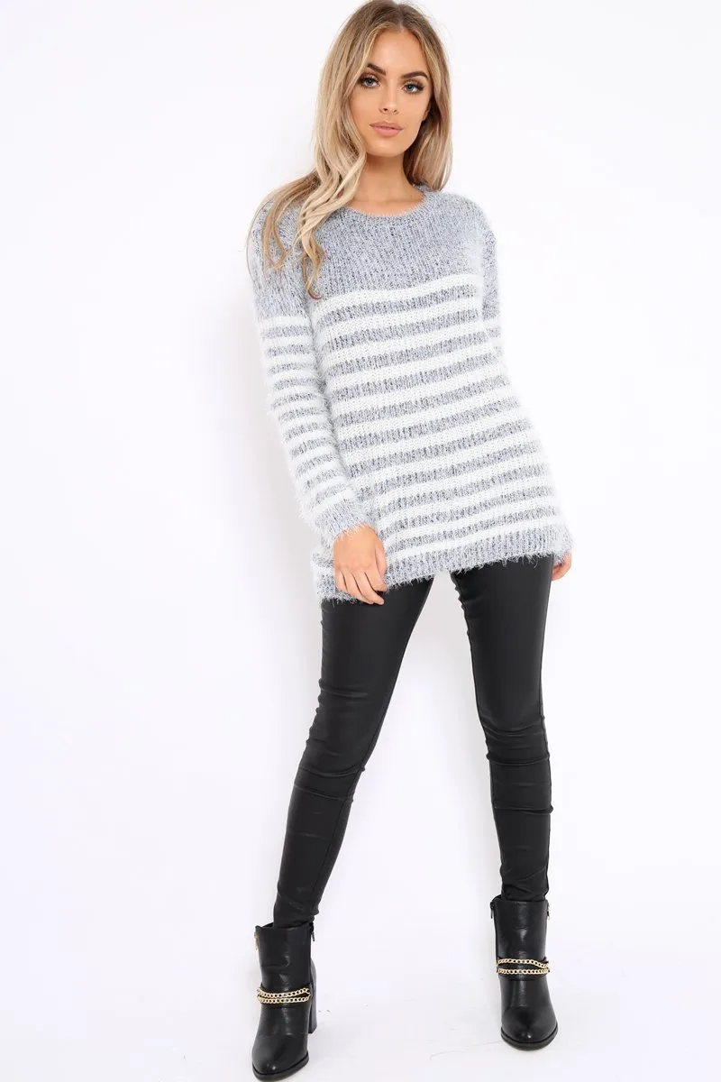 Grey Fur Knit Stripe Jumper - Sicily