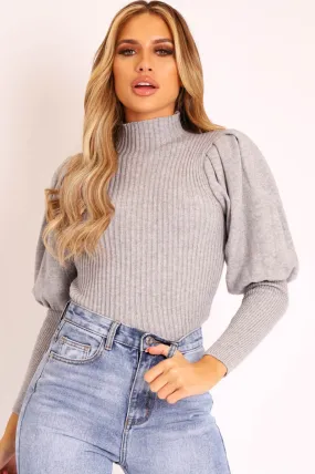 Grey High Neck Balloon Sleeve Jumper - Harriet