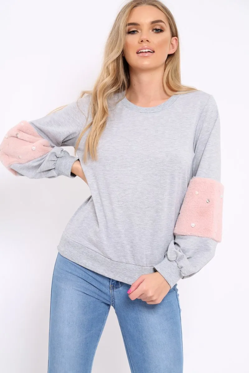 Grey Jumper with Fur and Pearl Sleeves - Izabella