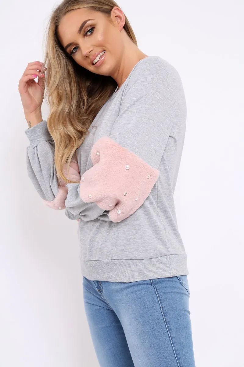 Grey Jumper with Fur and Pearl Sleeves - Izabella