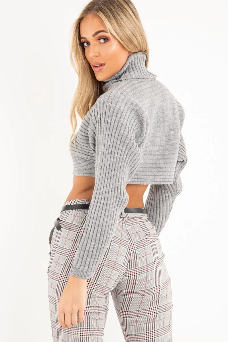 Grey Rib Knit Roll Neck Crop Jumper - Rylan