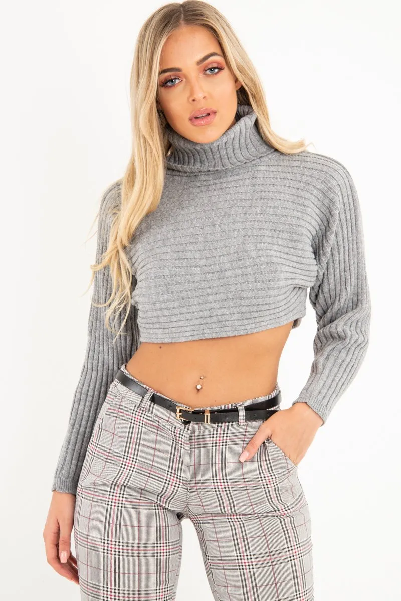 Grey Rib Knit Roll Neck Crop Jumper - Rylan