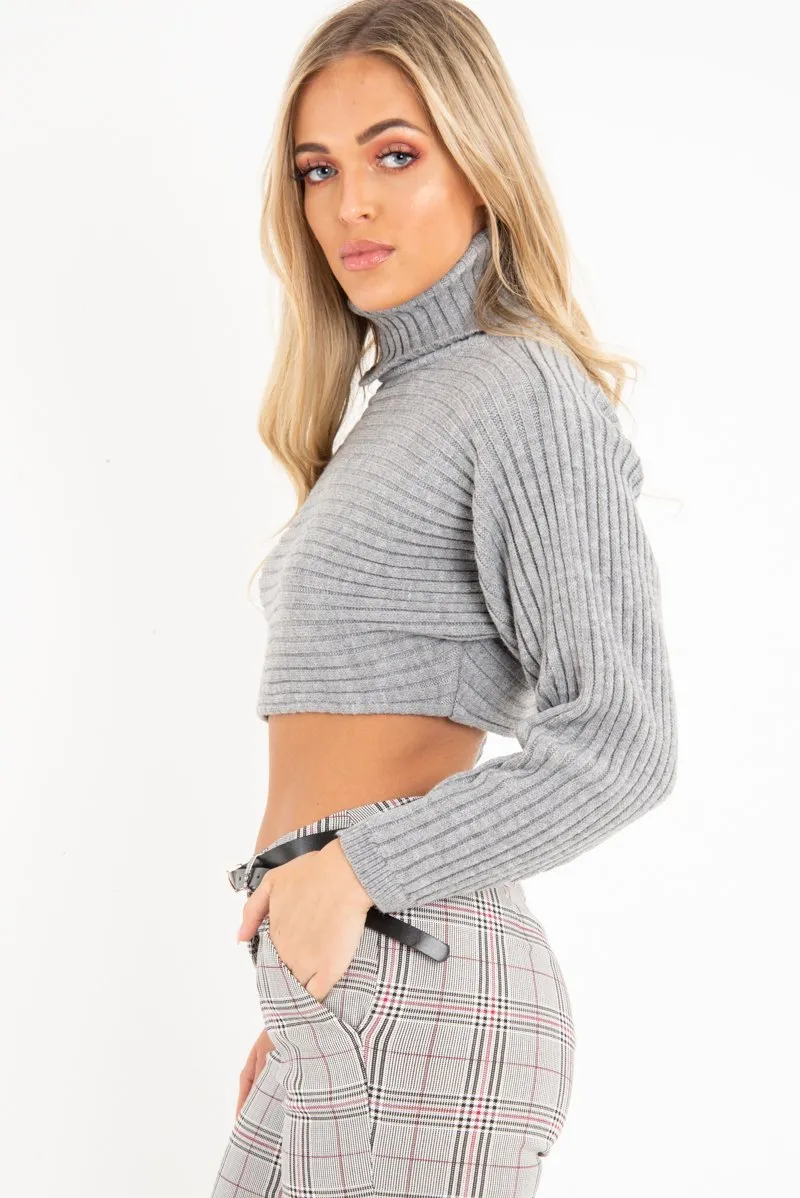 Grey Rib Knit Roll Neck Crop Jumper - Rylan