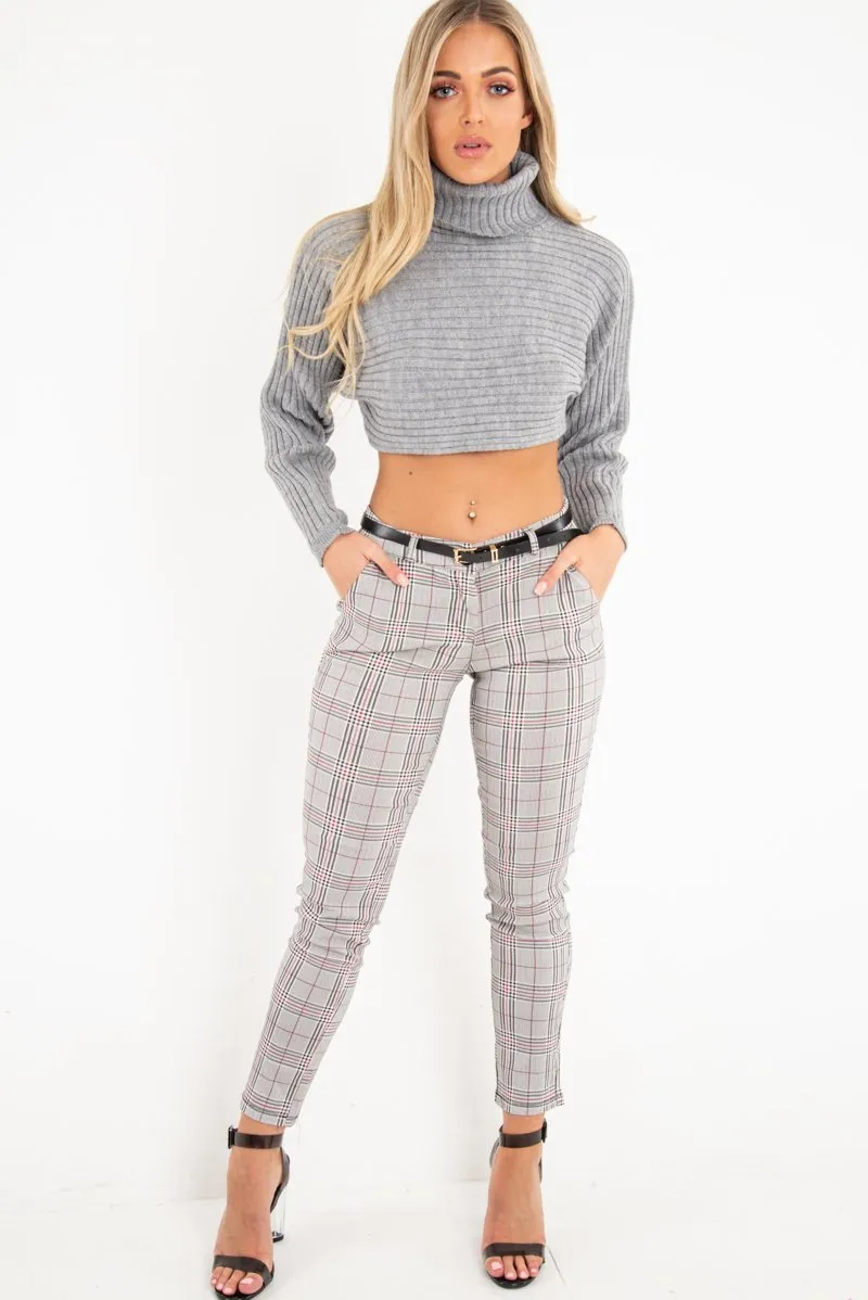 Grey Rib Knit Roll Neck Crop Jumper - Rylan