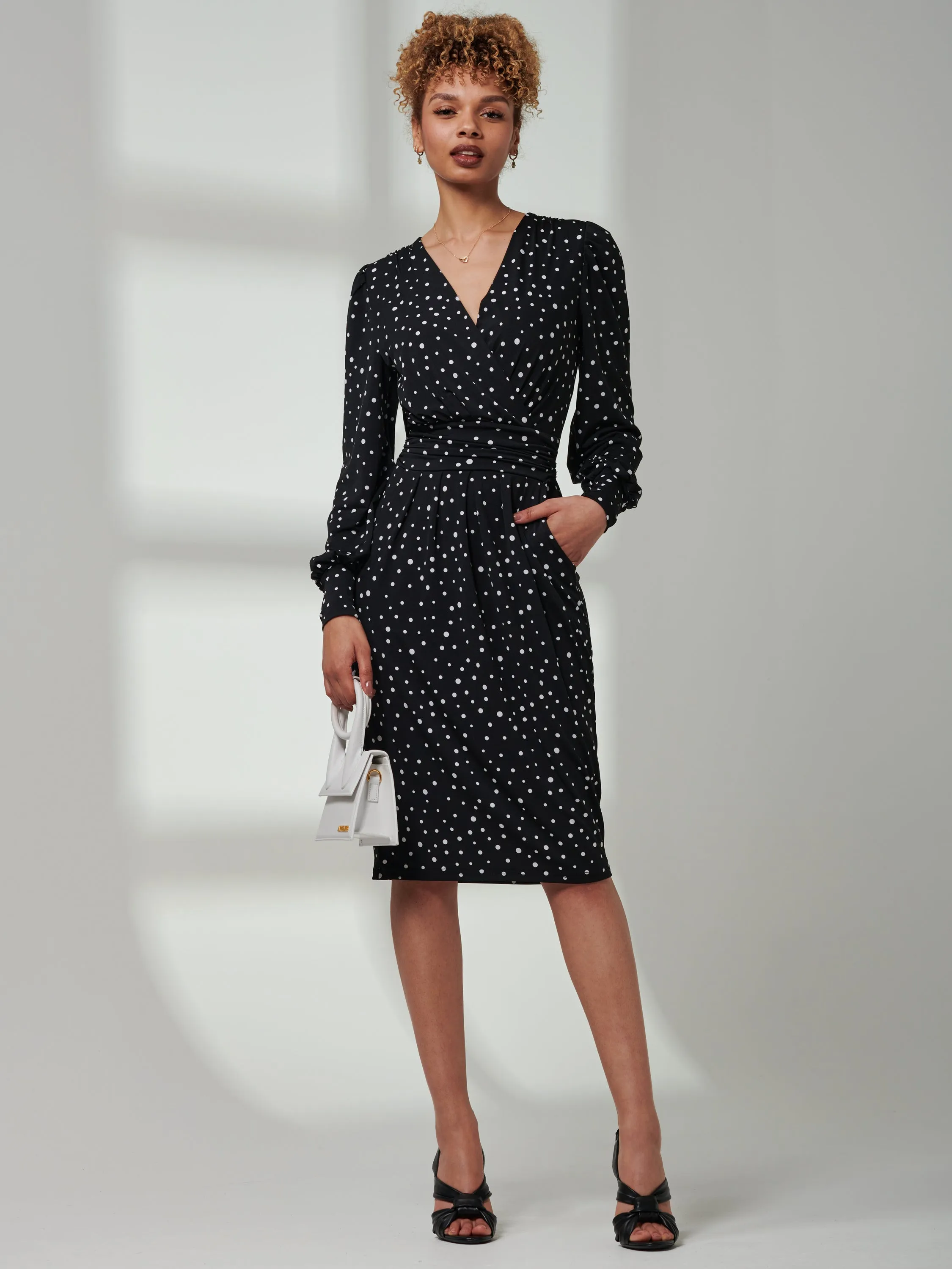 Gwen Print Long Sleeve Pegged Dress, Black Spot