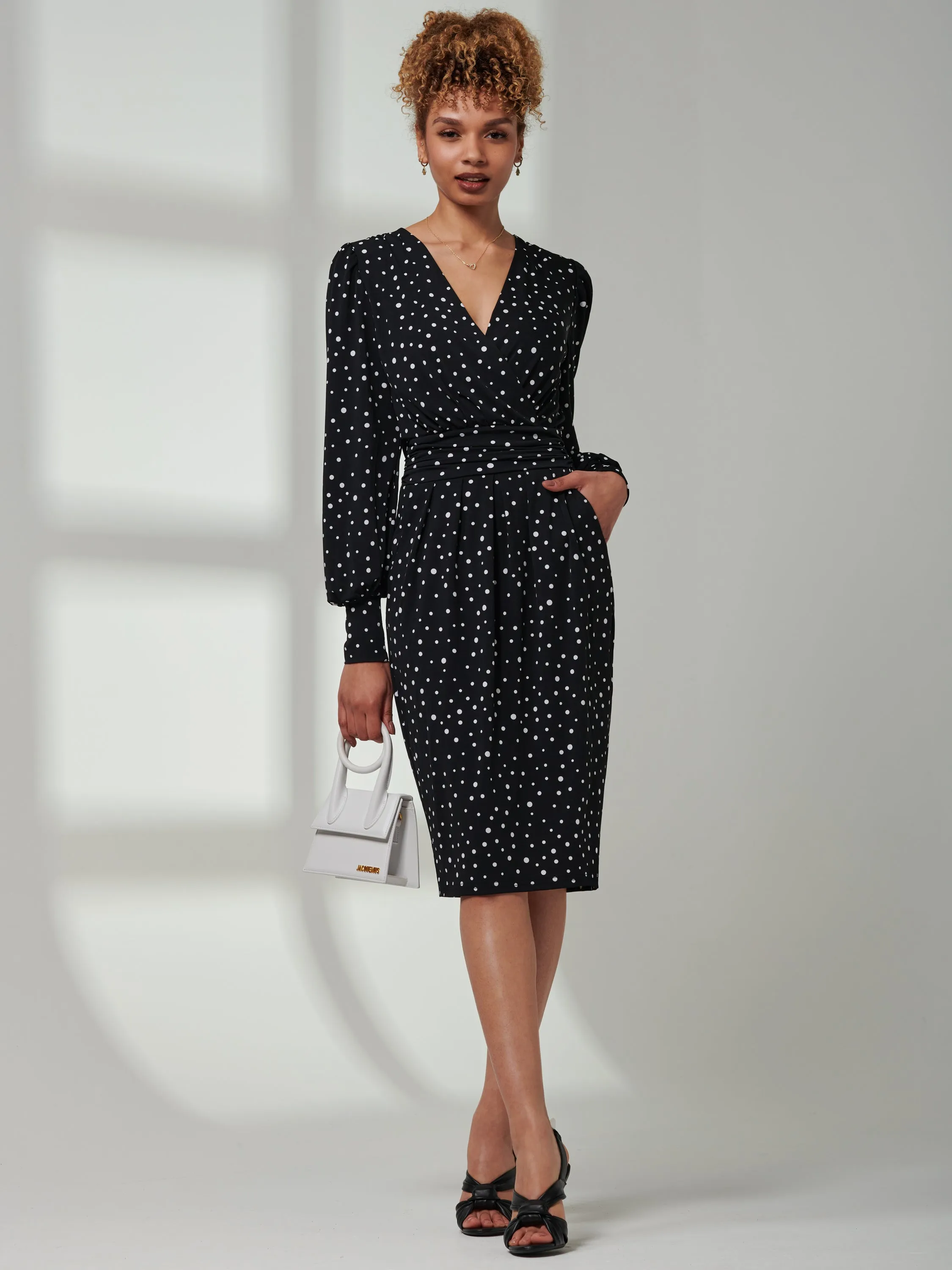 Gwen Print Long Sleeve Pegged Dress, Black Spot