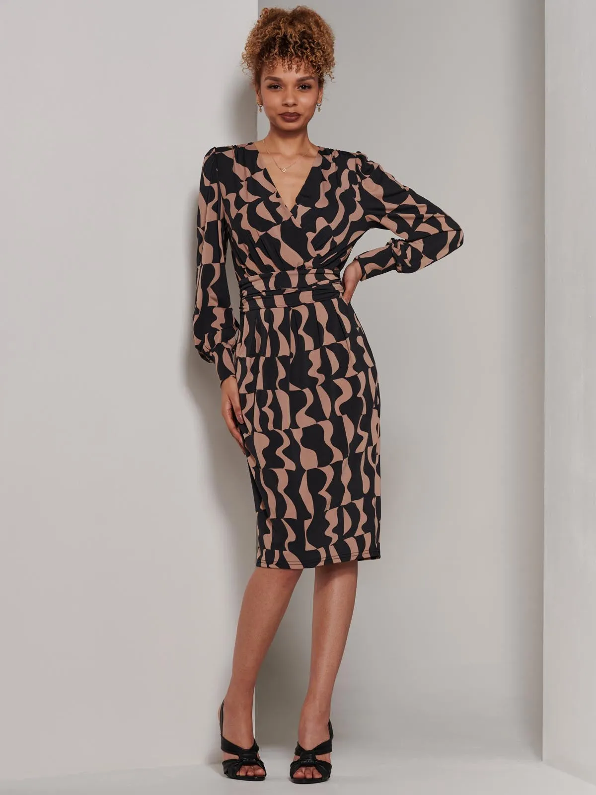 Gwen Print Long Sleeve Pegged Dress, Brown Pattern