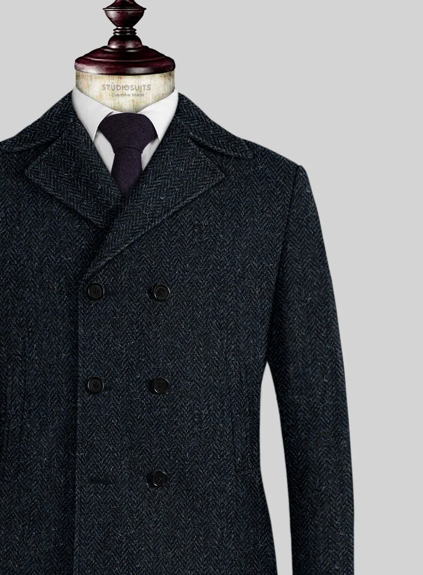 Harris Tweed Dark Blue Herringbone Pea Coat