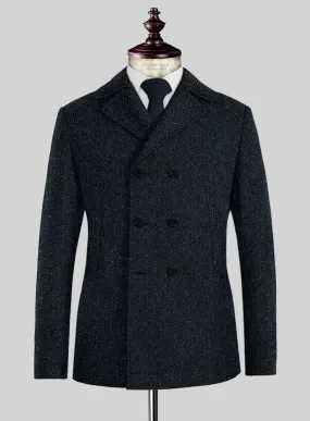 Harris Tweed Dark Blue Herringbone Pea Coat