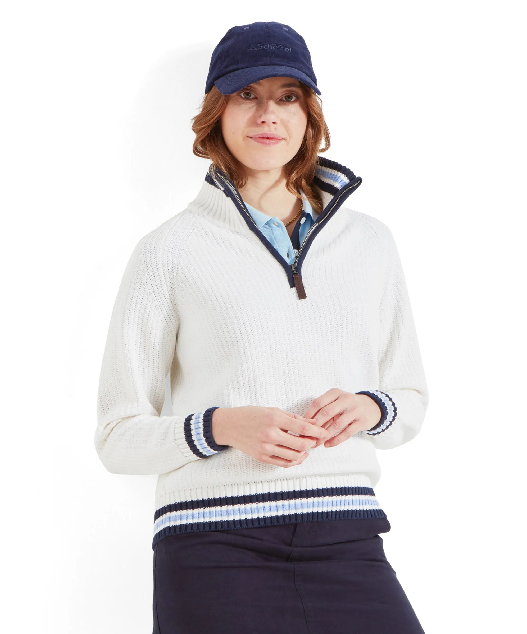 Havelet Bay Quarter Zip Jumper - Soft White/Sky Blue