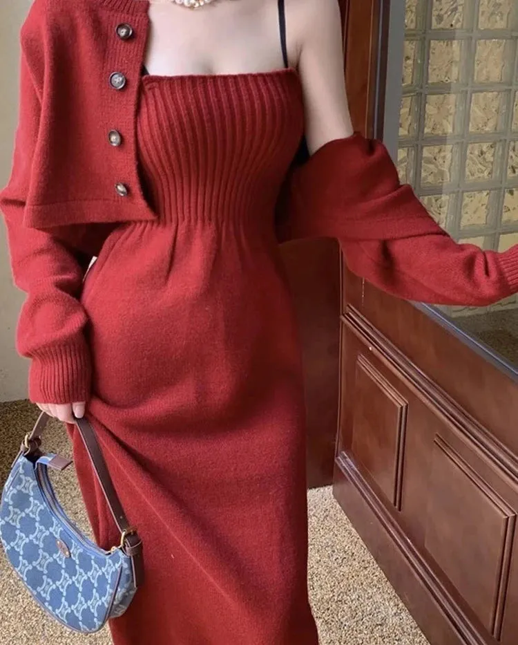 Hnewly DRESS TO IMPRESS Elegant Red Knitting Dress Women Korean Fashion Office Lady Two Piece Dress Female Winter Warm Casual Christmas Party Dress